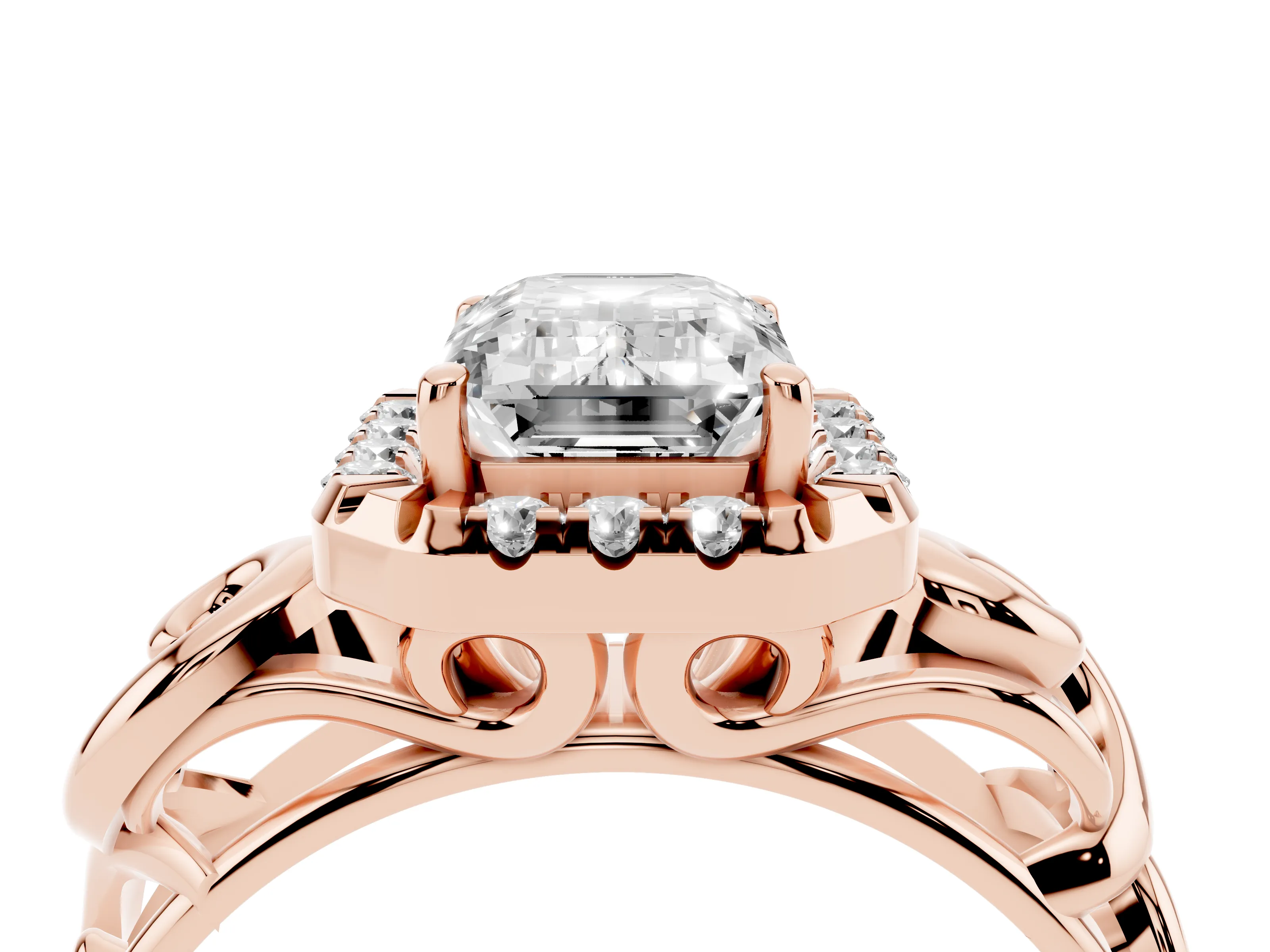 Emerald Cut Vintage Filigree Halo Engagement Ring Setting | Scroll Shoulders | Rose Gold