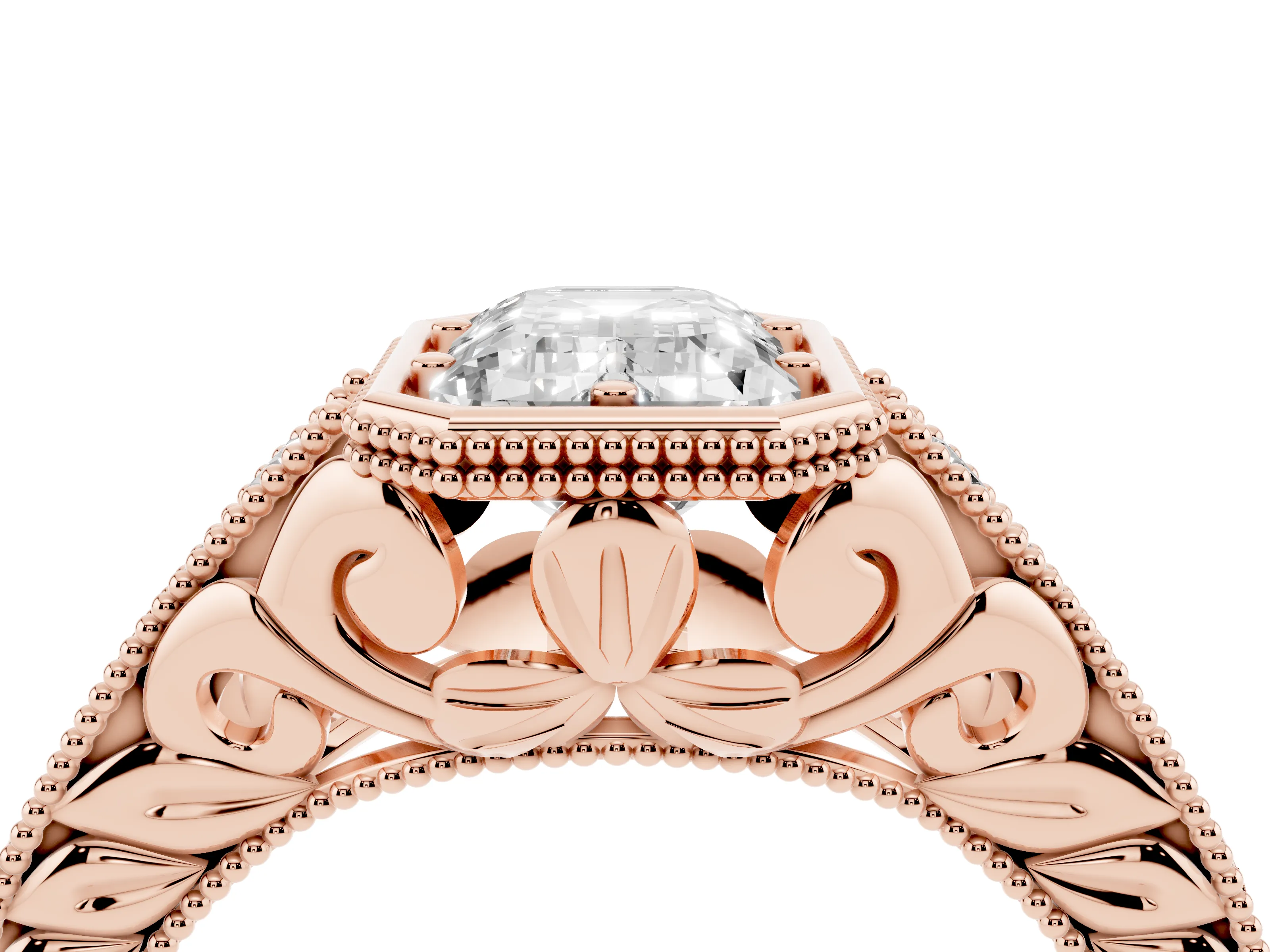 Bezel Set Emerald Cut Diamond Milgrain Pavé Engagement Ring Set in Rose gold