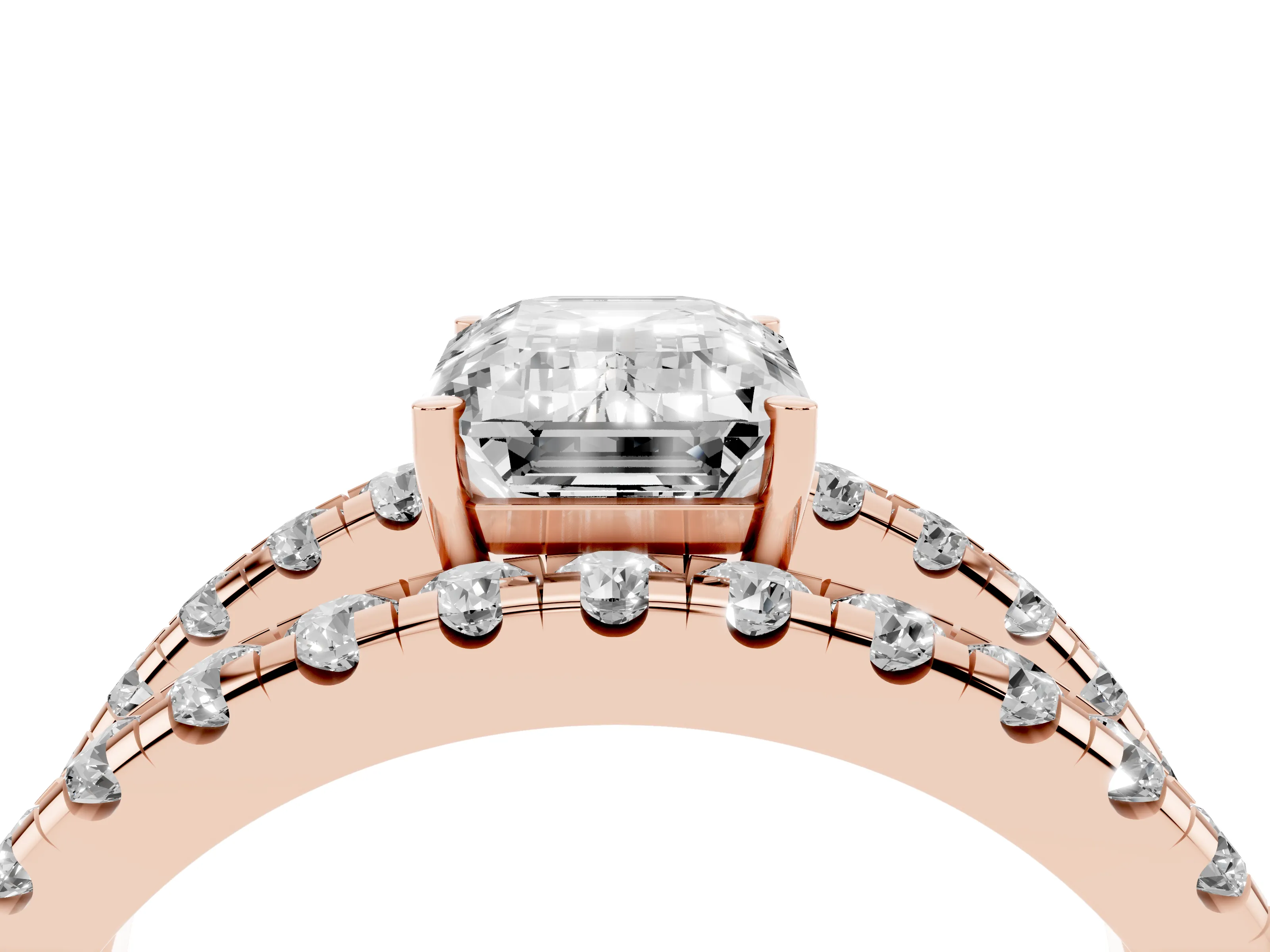 Emerald Cut Diamond Split Shank Pavé Solitaire Ring Set in Rose gold with Open Shank Design