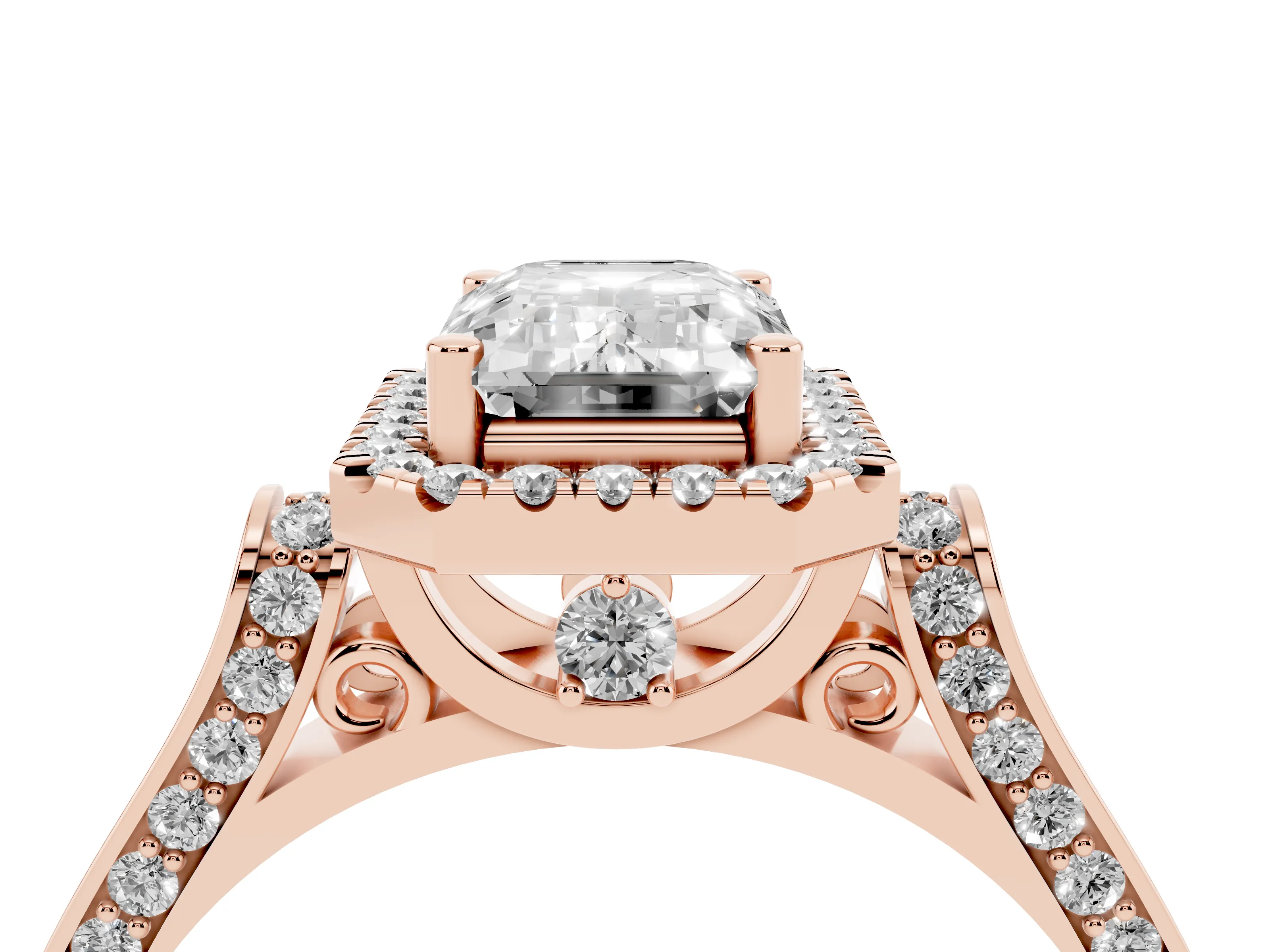 Emerald Cut Diamond Halo Ring Set in Rose gold with Pavé-Lined Split Shank Band