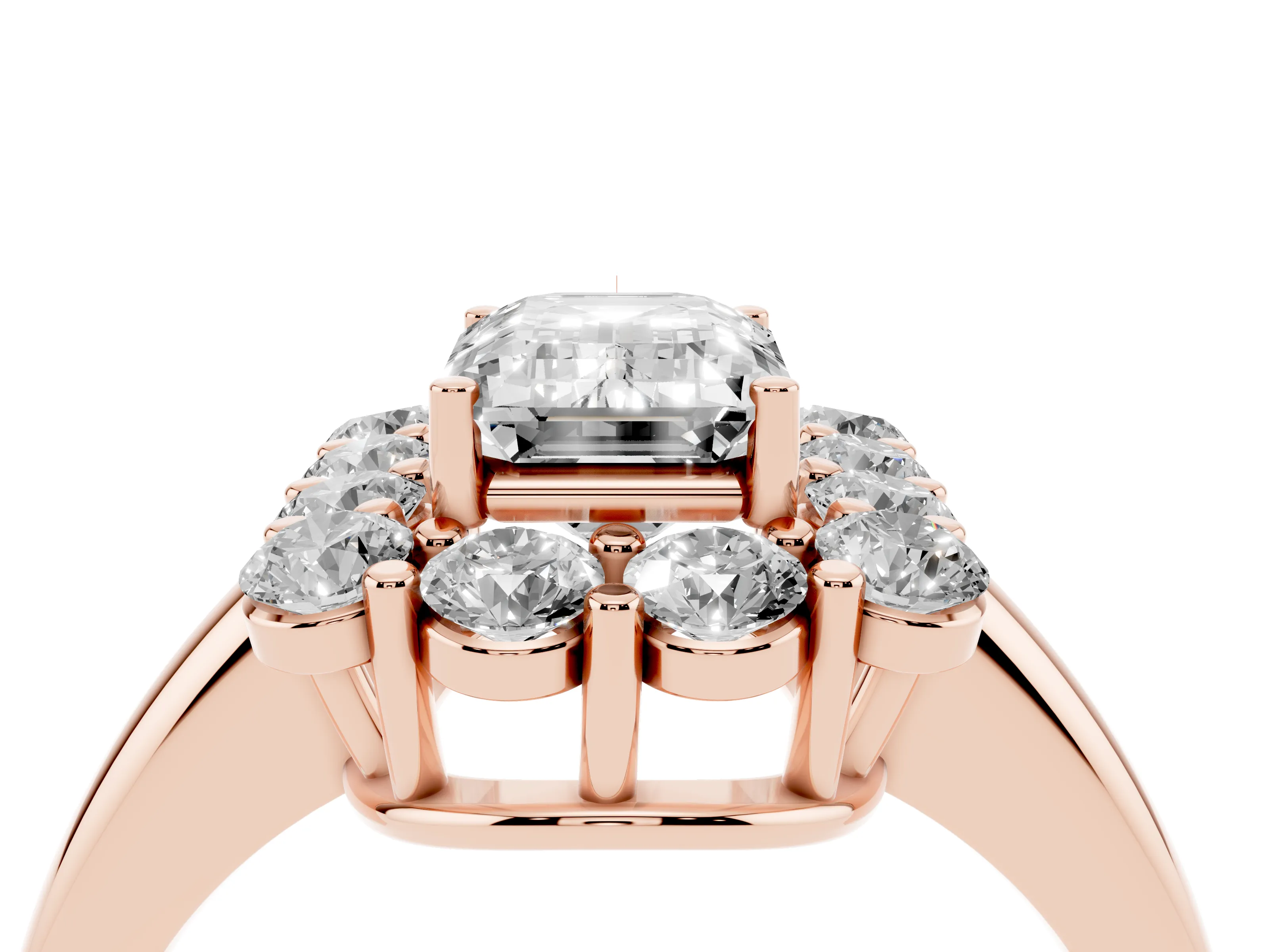 Emerald Cut Diamond Halo Cluster Engagement Ring Set in Rose gold with Polished Band and Prong Setting