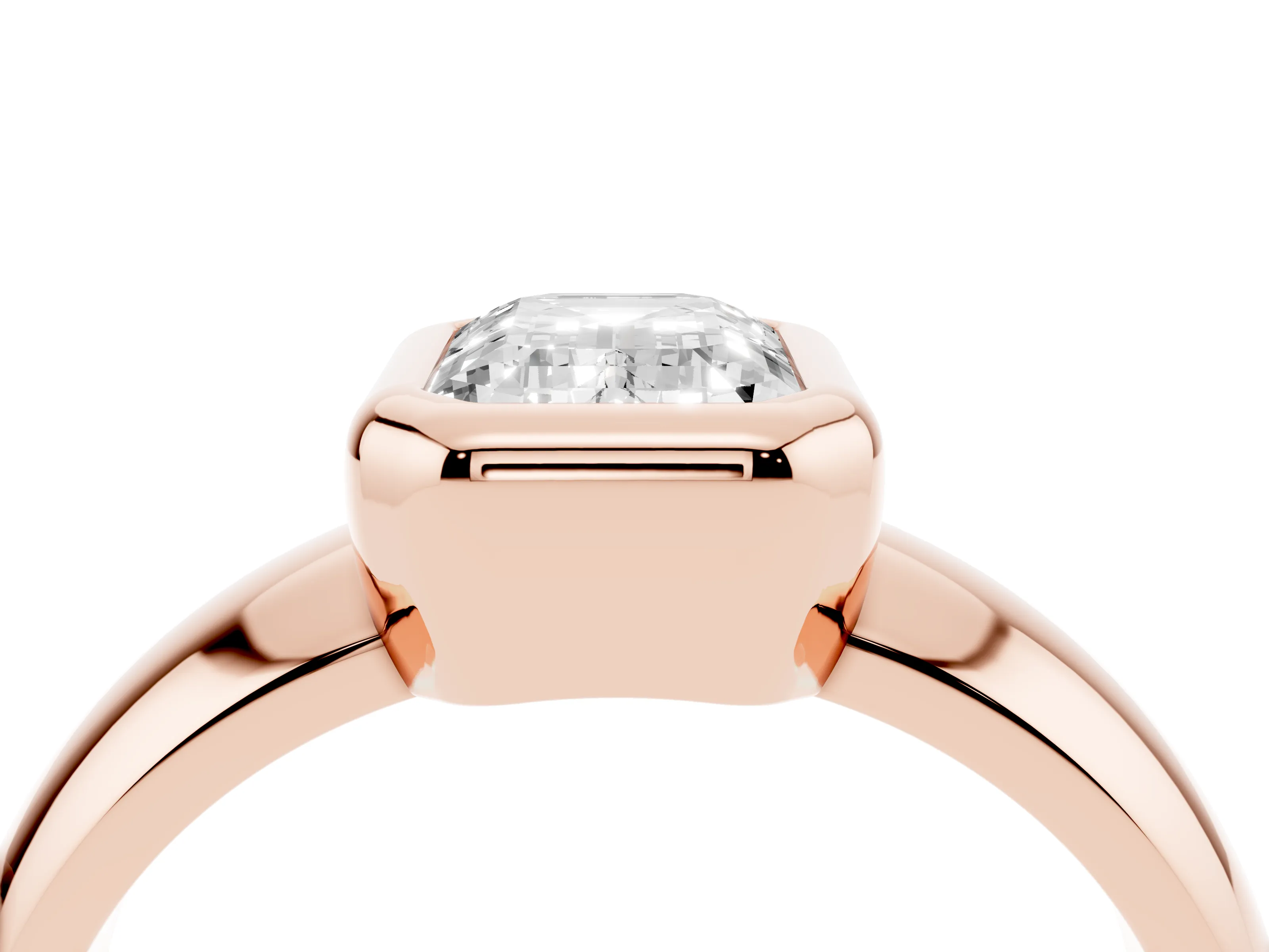 Bezel Set Emerald Cut Diamond Solitaire Ring Set in Rose gold with Wide Band