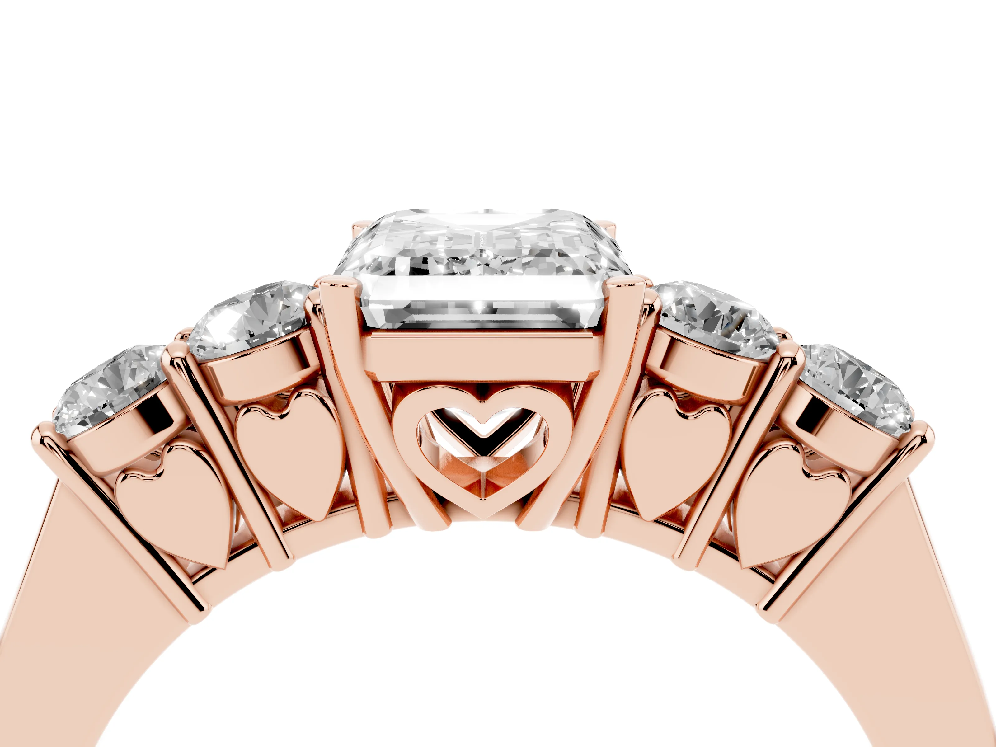 Emerald Cut Diamond Five-Stone Prong Set Band Ring Set in Rose gold with Polished Band