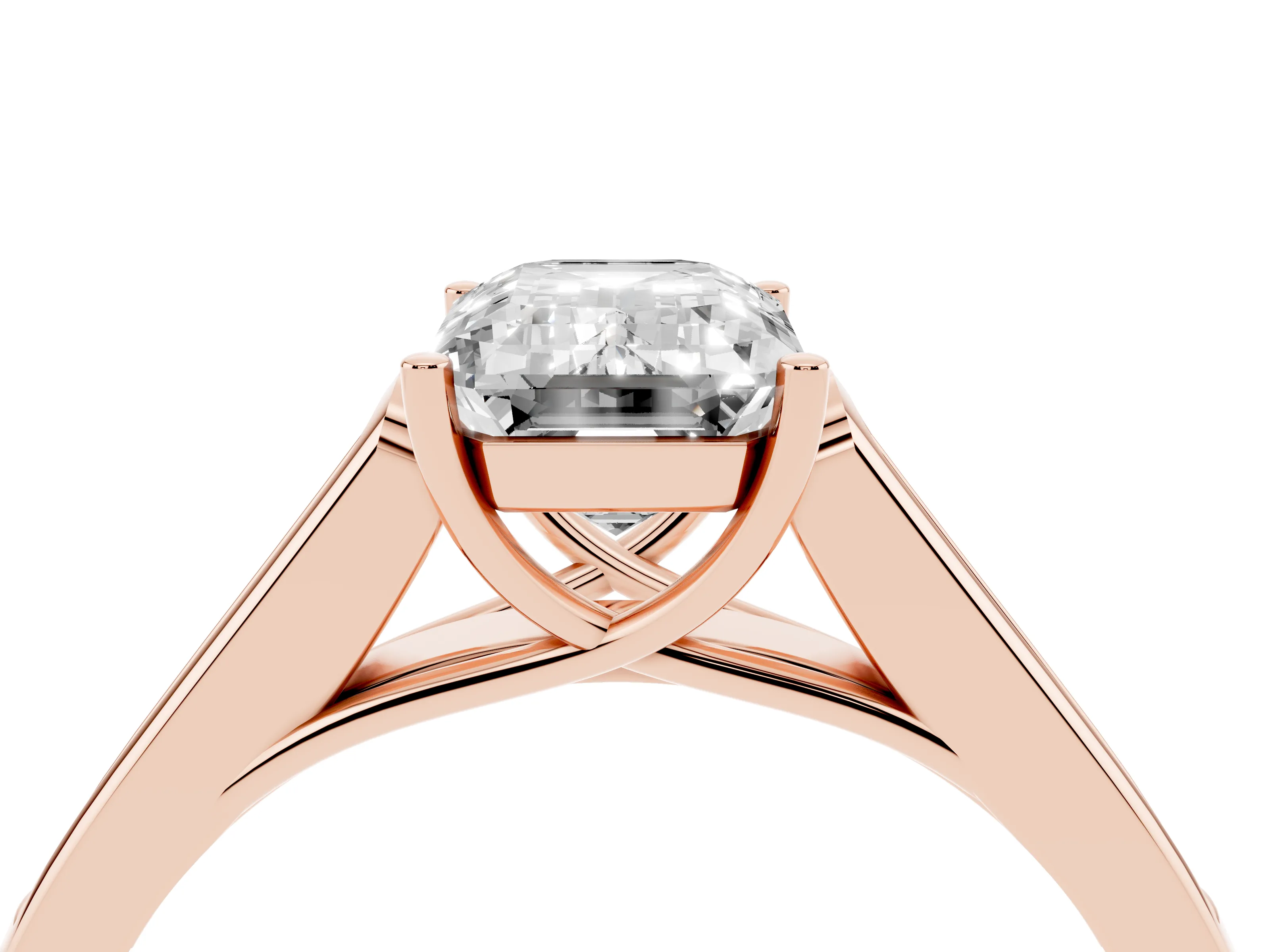 Emerald Cut Diamond Solitaire Cathedral Engagement Ring Set in Rose gold with Channel-Set Band and Prong Setting
