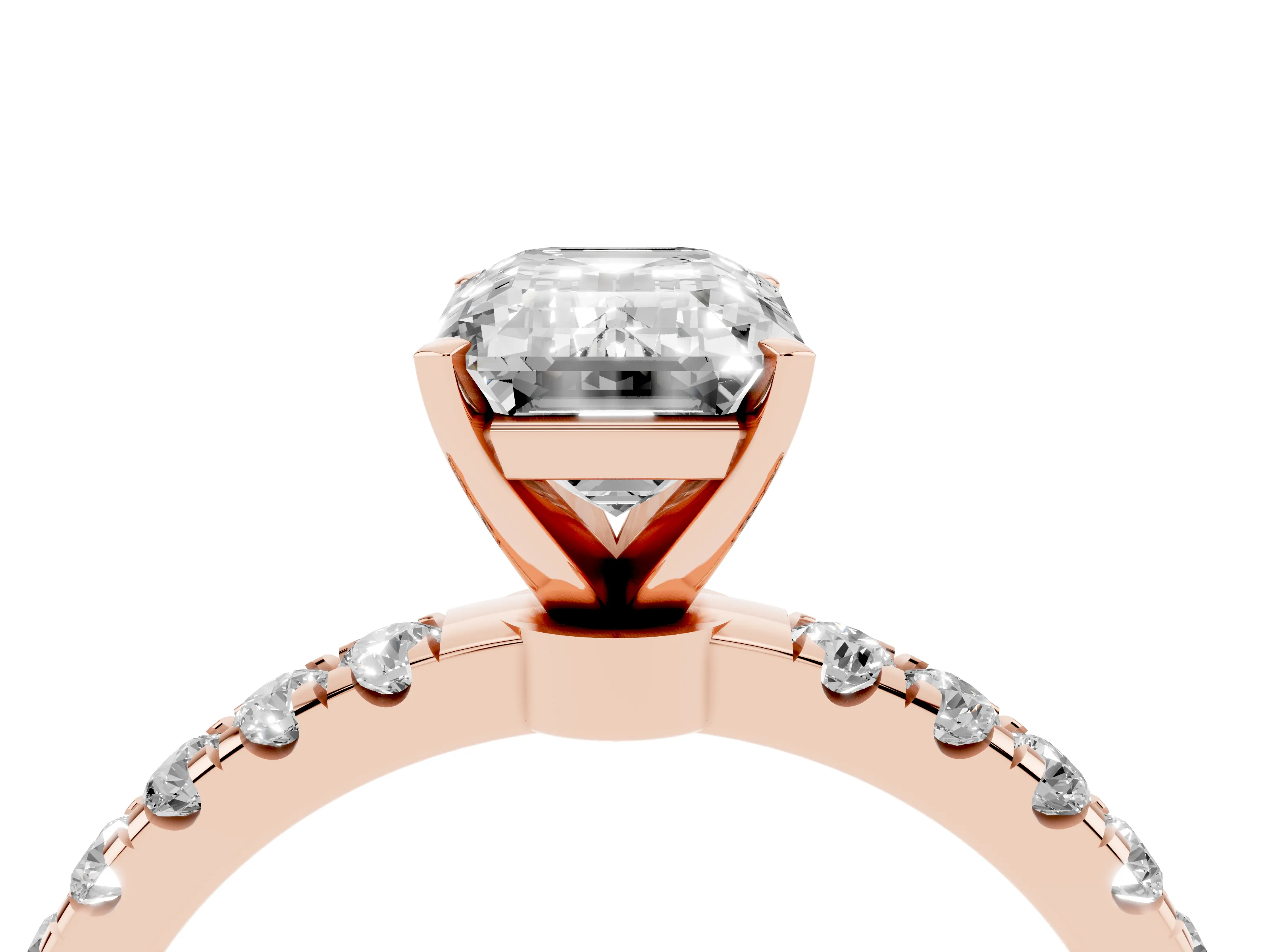 Emerald Cut Diamond Solitaire Ring Set in Rose gold with Pavé Accents and Prong Setting