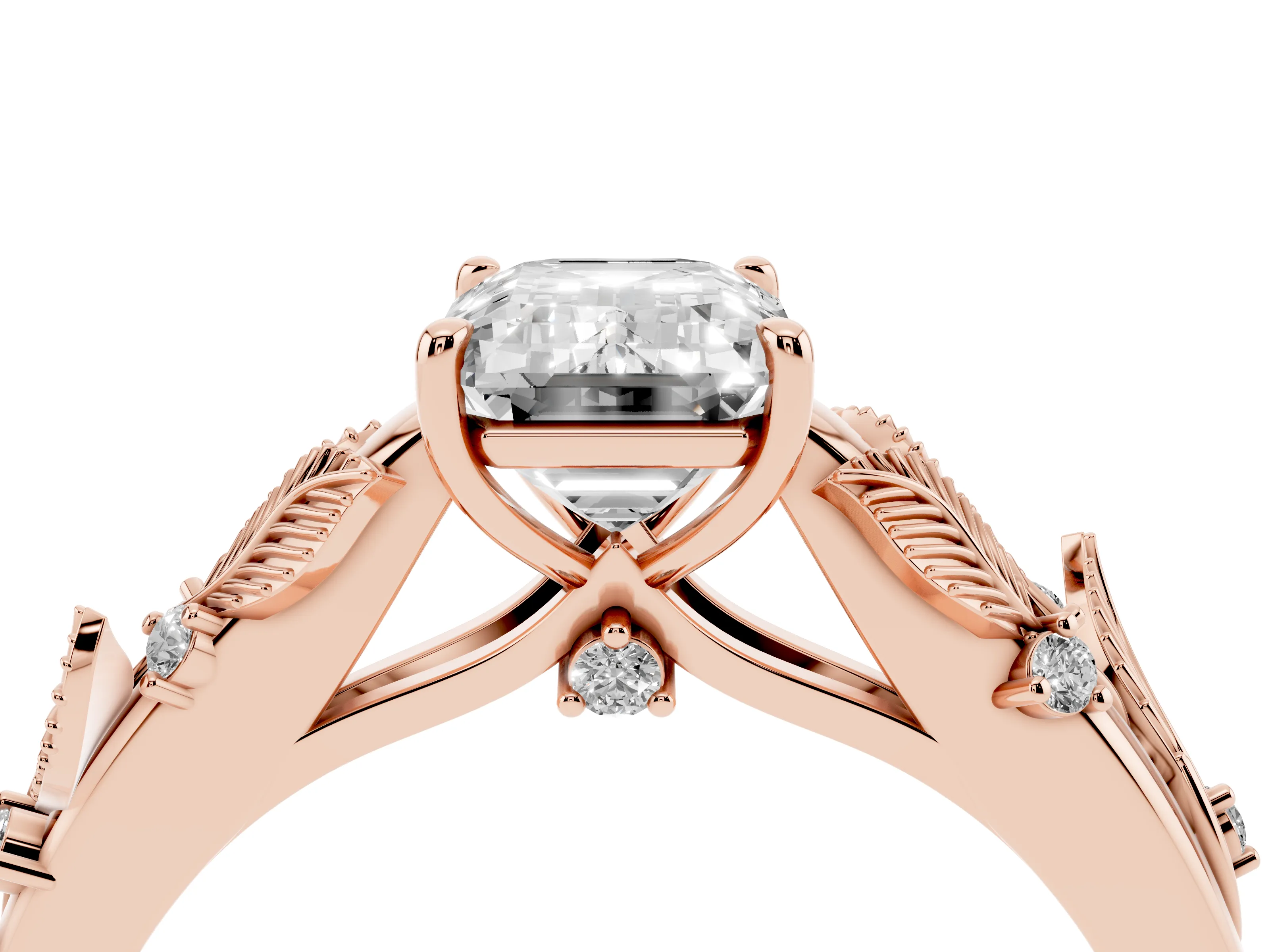 Emerald Cut Diamond Solitaire Ring Set in Rose gold with Leaf Motif Band