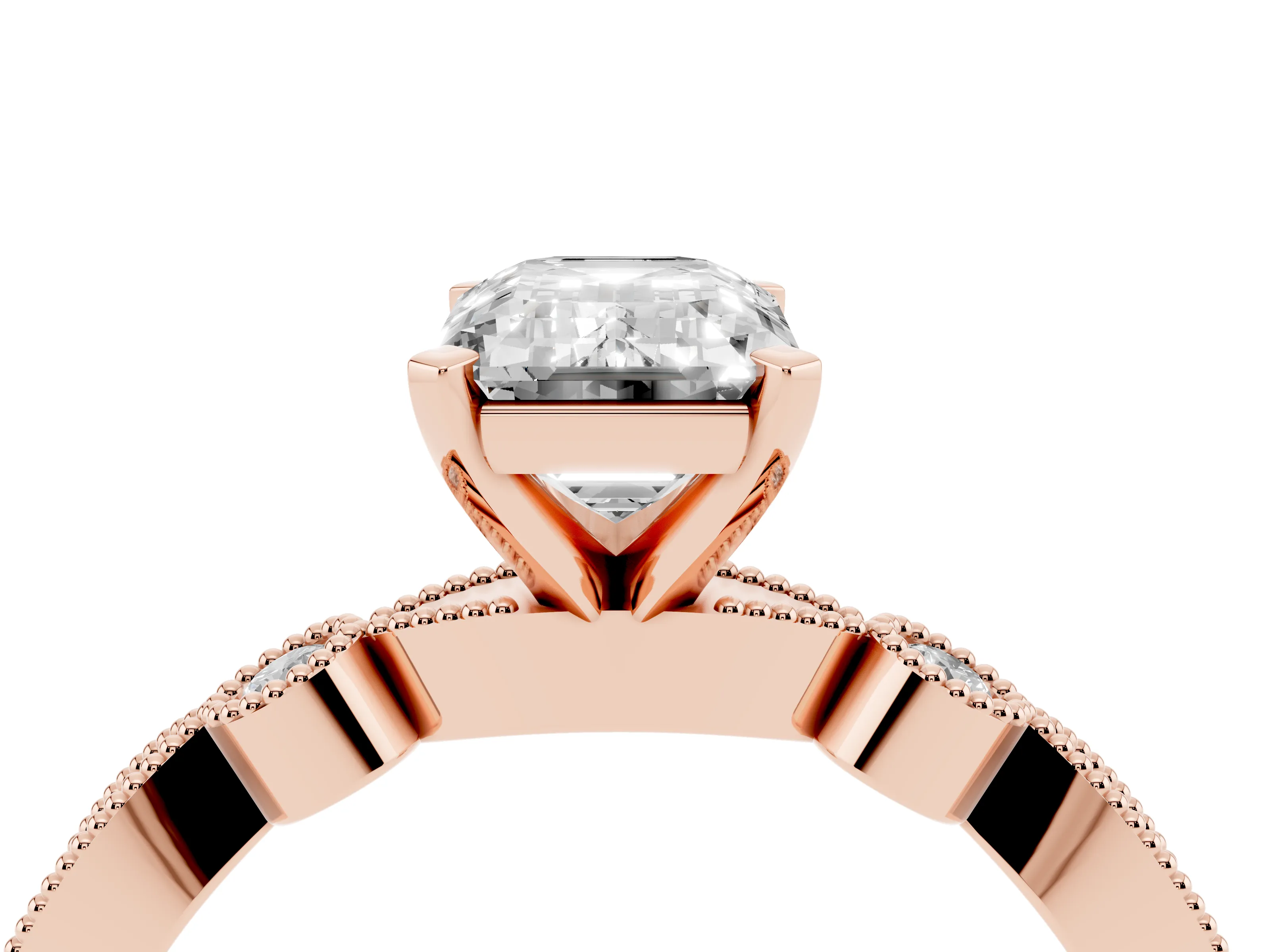 Emerald Cut Diamond Solitaire Engagement Ring Set in Rose gold with Milgrain Bezel Accent Band