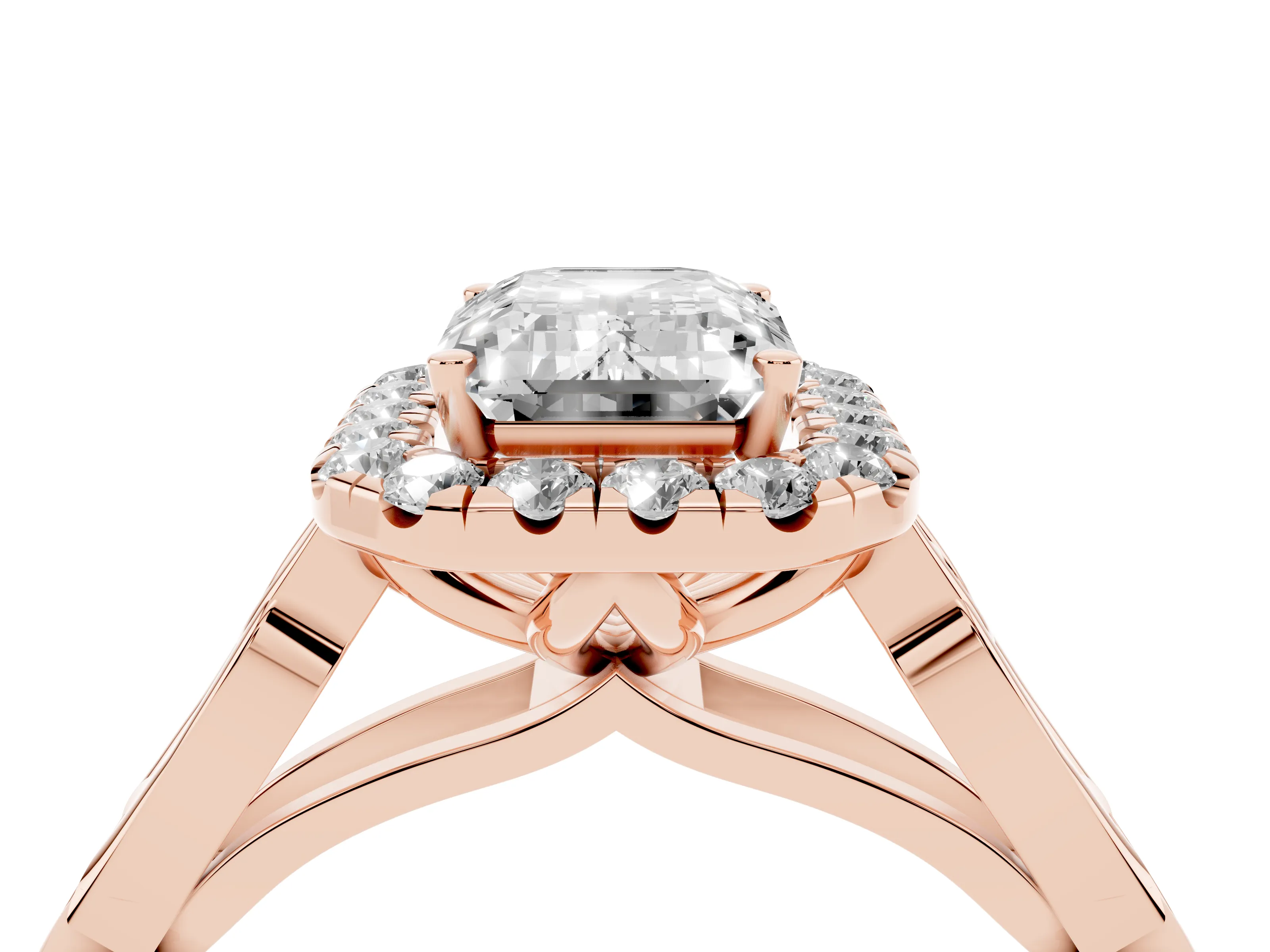 Emerald Cut Diamond Halo Engagement Ring Set in Rose gold with Filigree Band and Prong-Set Center