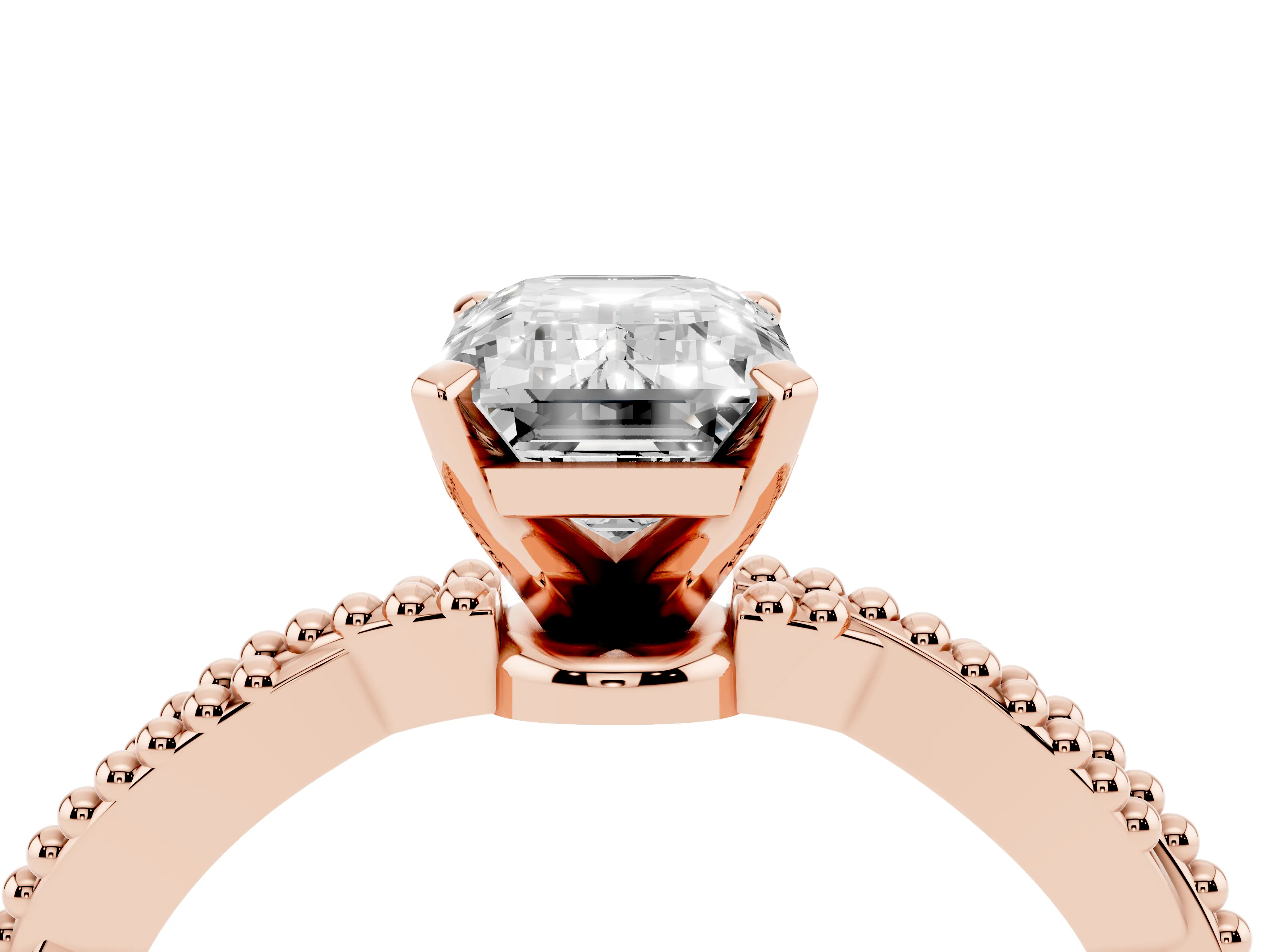 Emerald Cut Diamond Solitaire Ring Set in Rose gold with Twisted Band and Bead Prong Setting