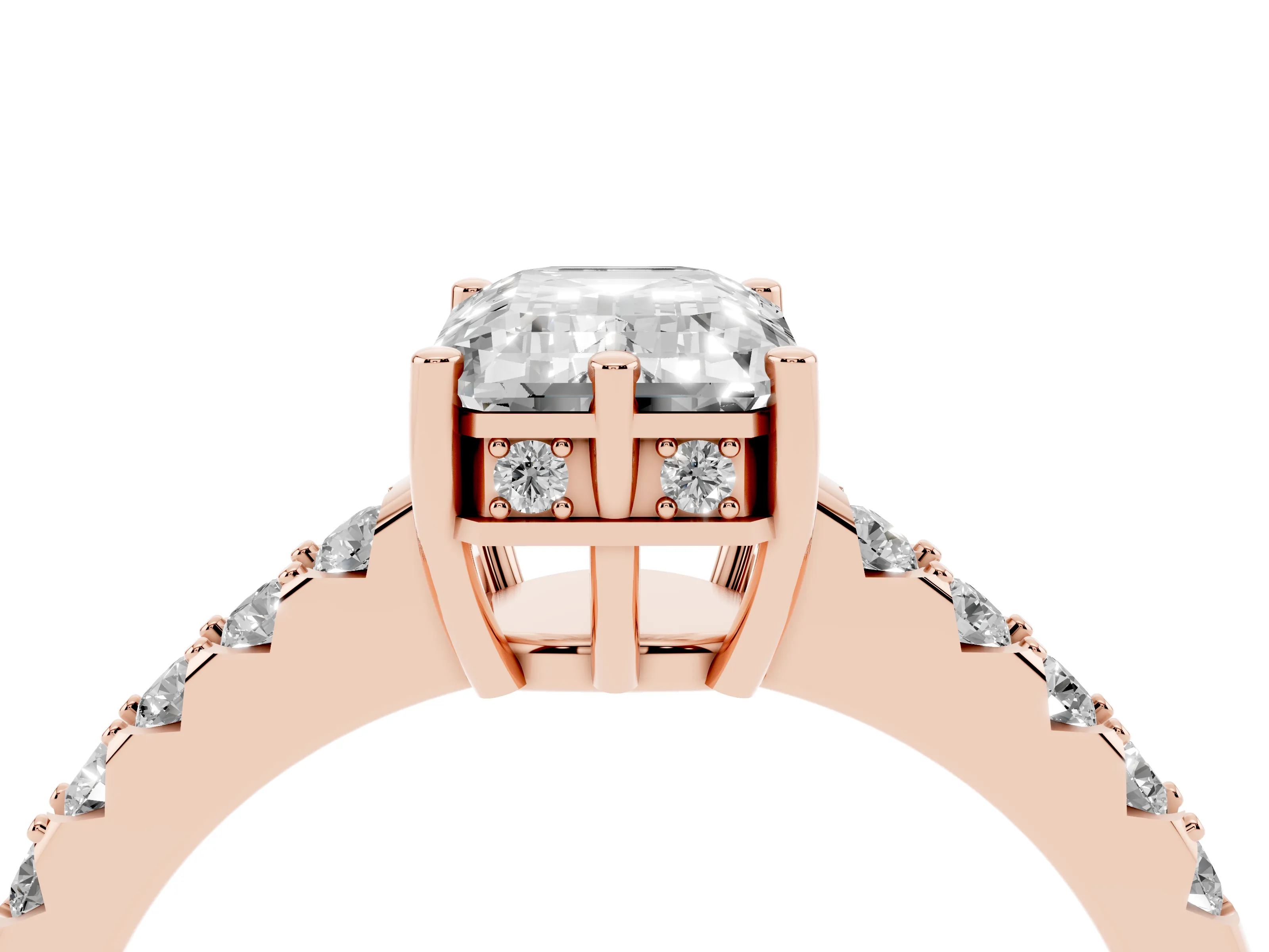 Emerald Cut Diamond Solitaire Engagement Ring Set in Rose gold with Pavé Band and Prong Setting