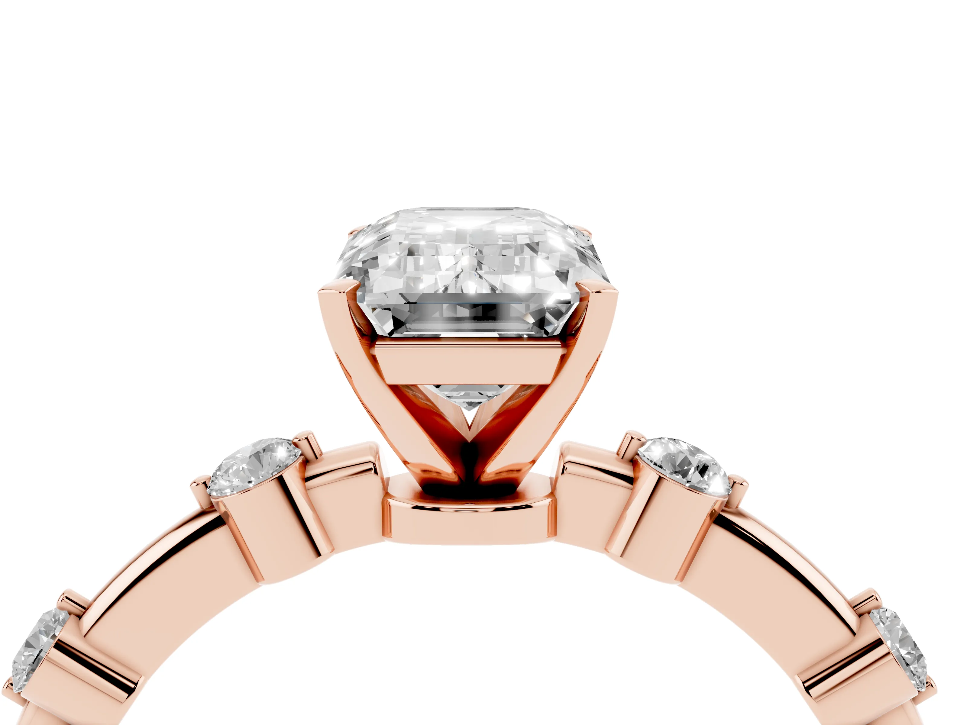 Emerald Cut Diamond Solitaire Ring Set in Rose gold with Bezel Set Side Stones and Prong Setting