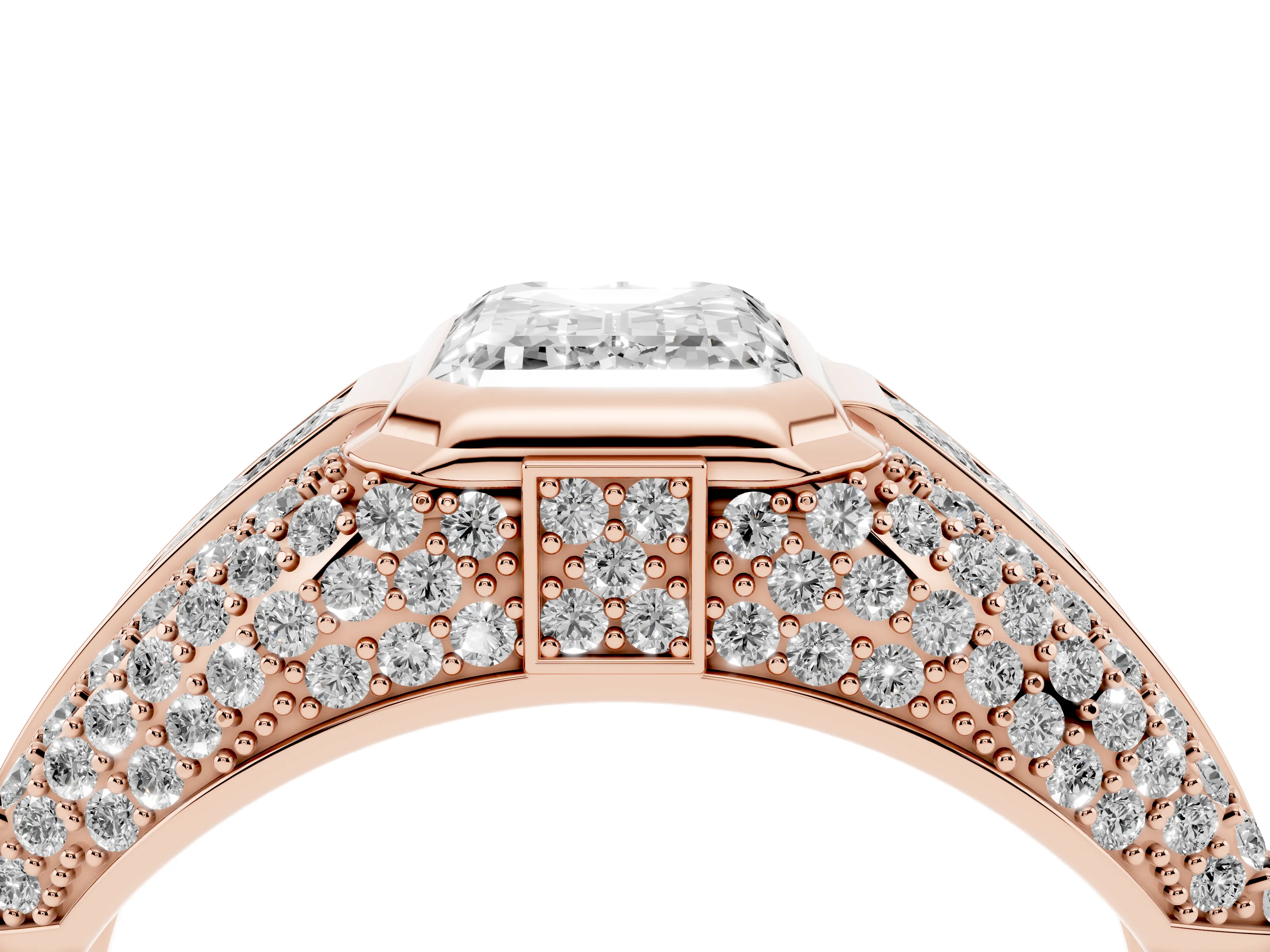 Emerald Cut Diamond Mens Ring Set in Rose gold with Structured Side Stones and Pavé Shoulders
