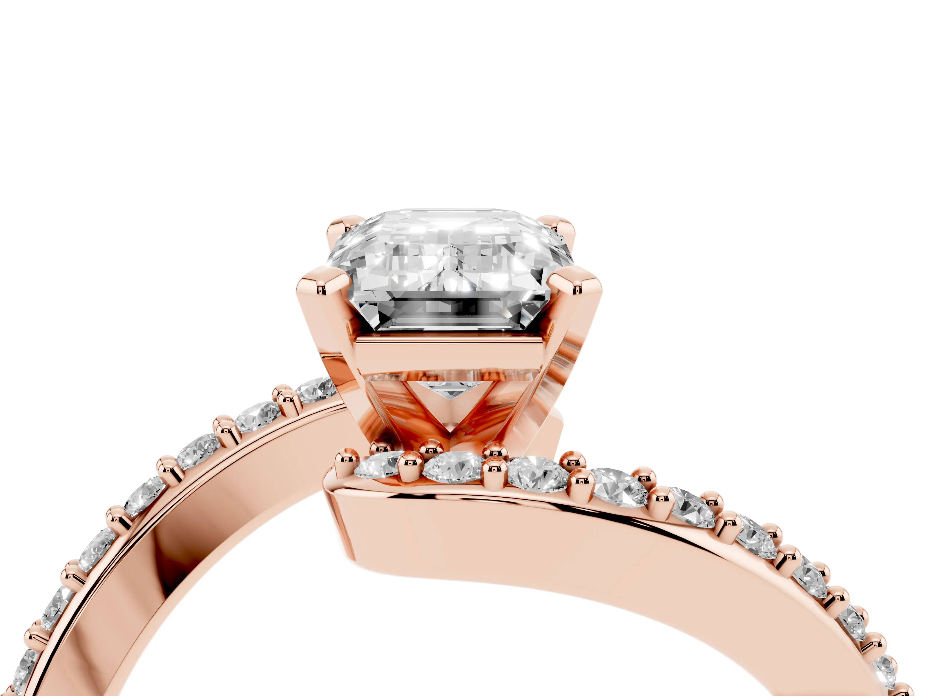 Emerald Cut Diamond Solitaire Ring Set in Rose gold with Pavé Twist Band and Prong Setting