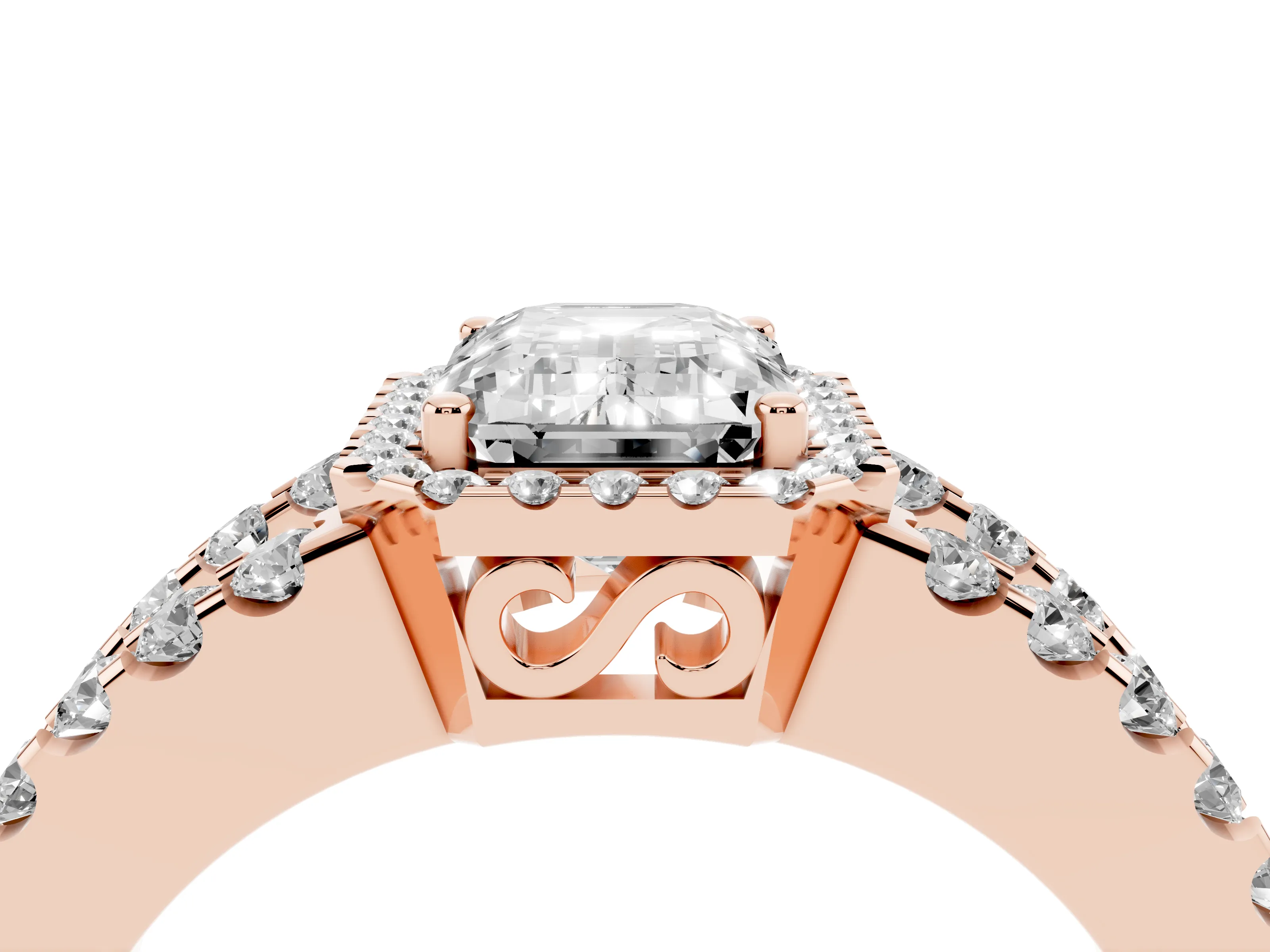Emerald Cut Diamond Halo Ring Set in Rose gold with Pavé Split Shank and Prong Setting
