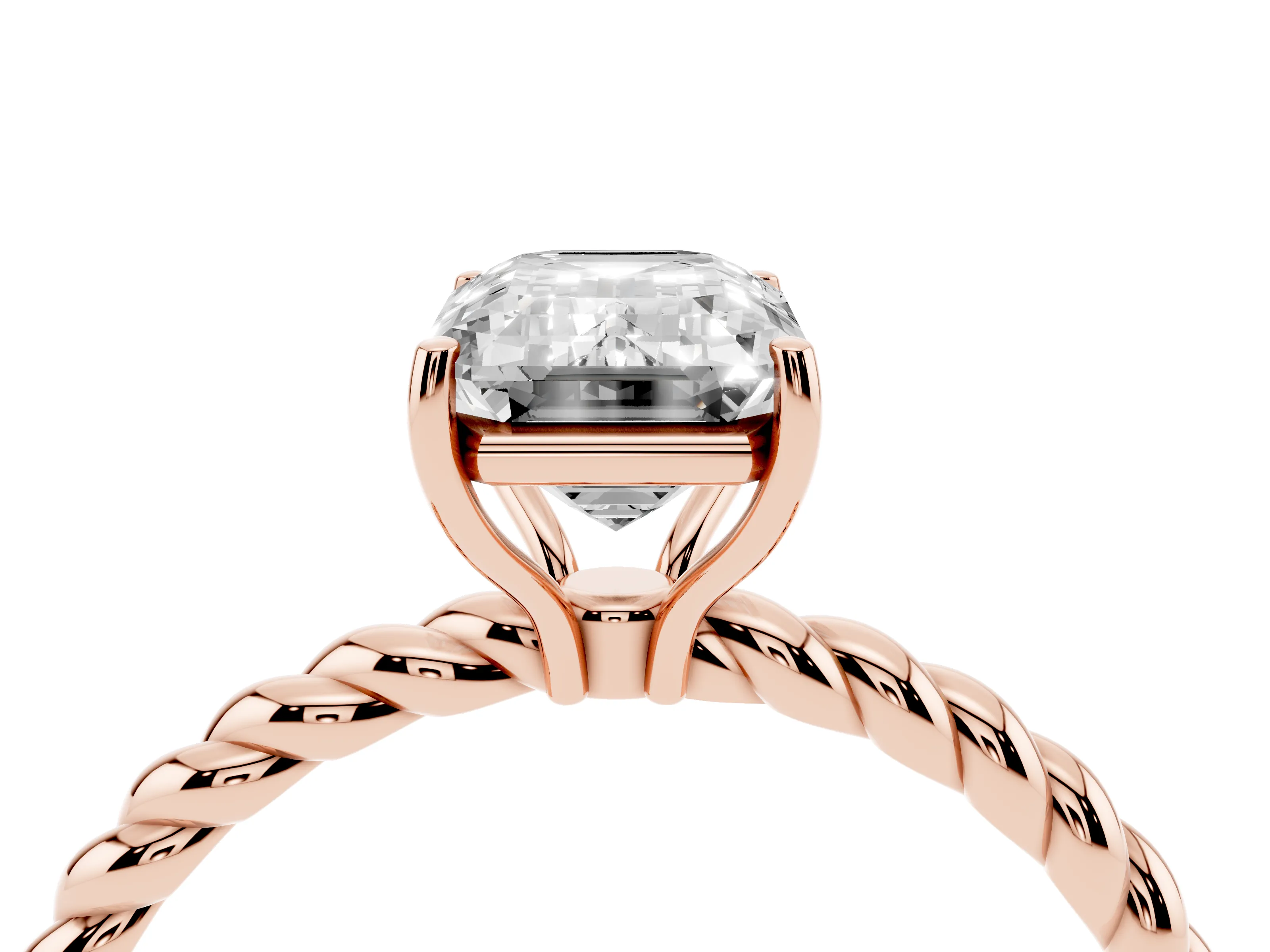 Emerald Cut Diamond Solitaire Ring Set in Rose gold with Twist Band and Prong Setting
