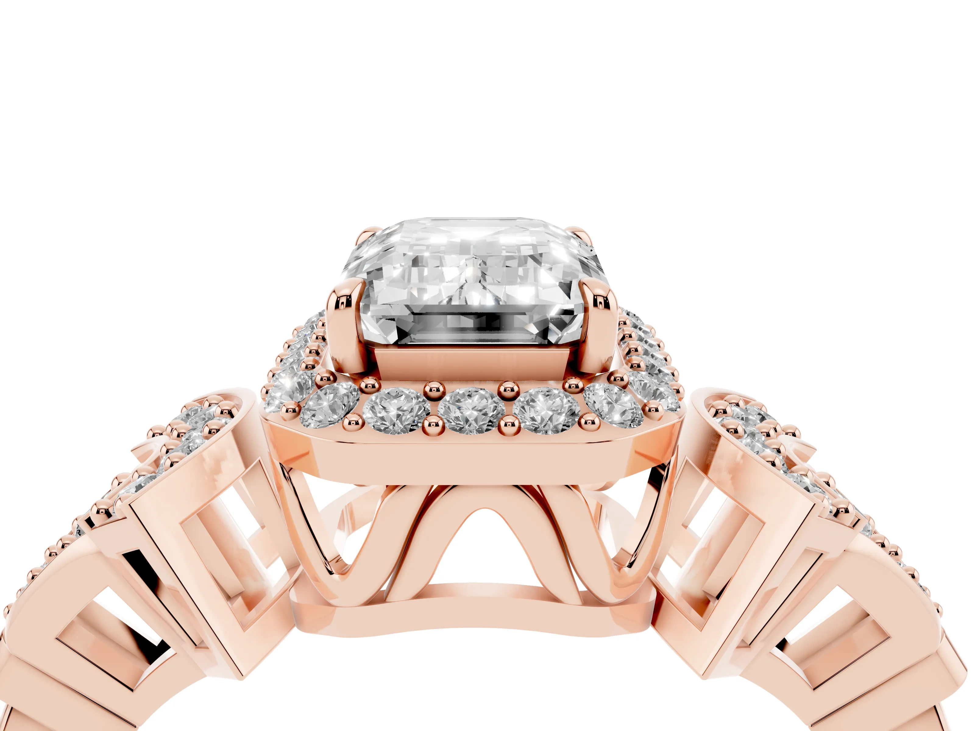 Emerald Cut Diamond Halo Engagement Ring Set in Rose gold with Accent Stone Split Shank