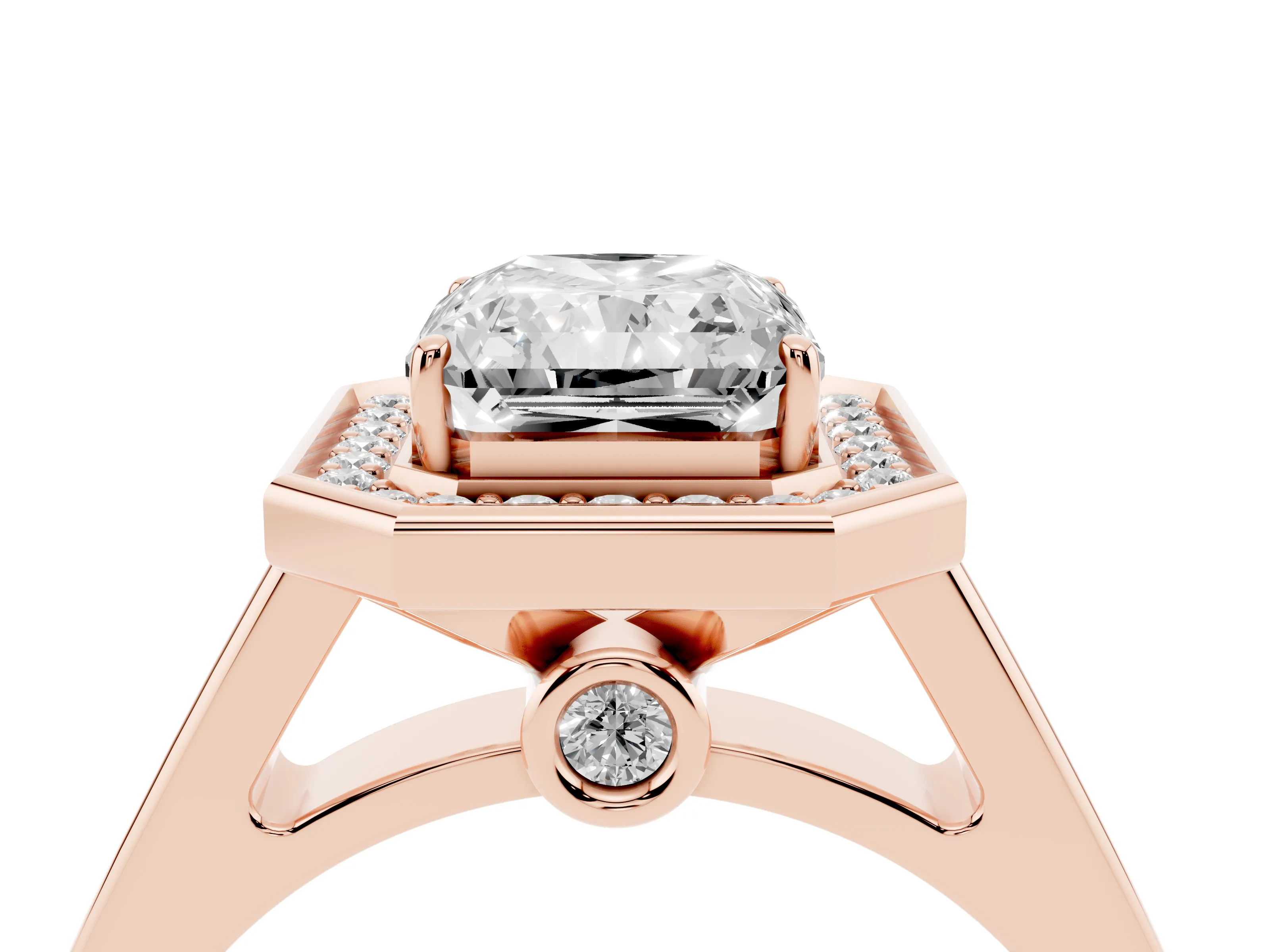 Emerald Cut Diamond Halo Solitaire Ring Set in Rose gold with Pavé Band and Bezel Setting