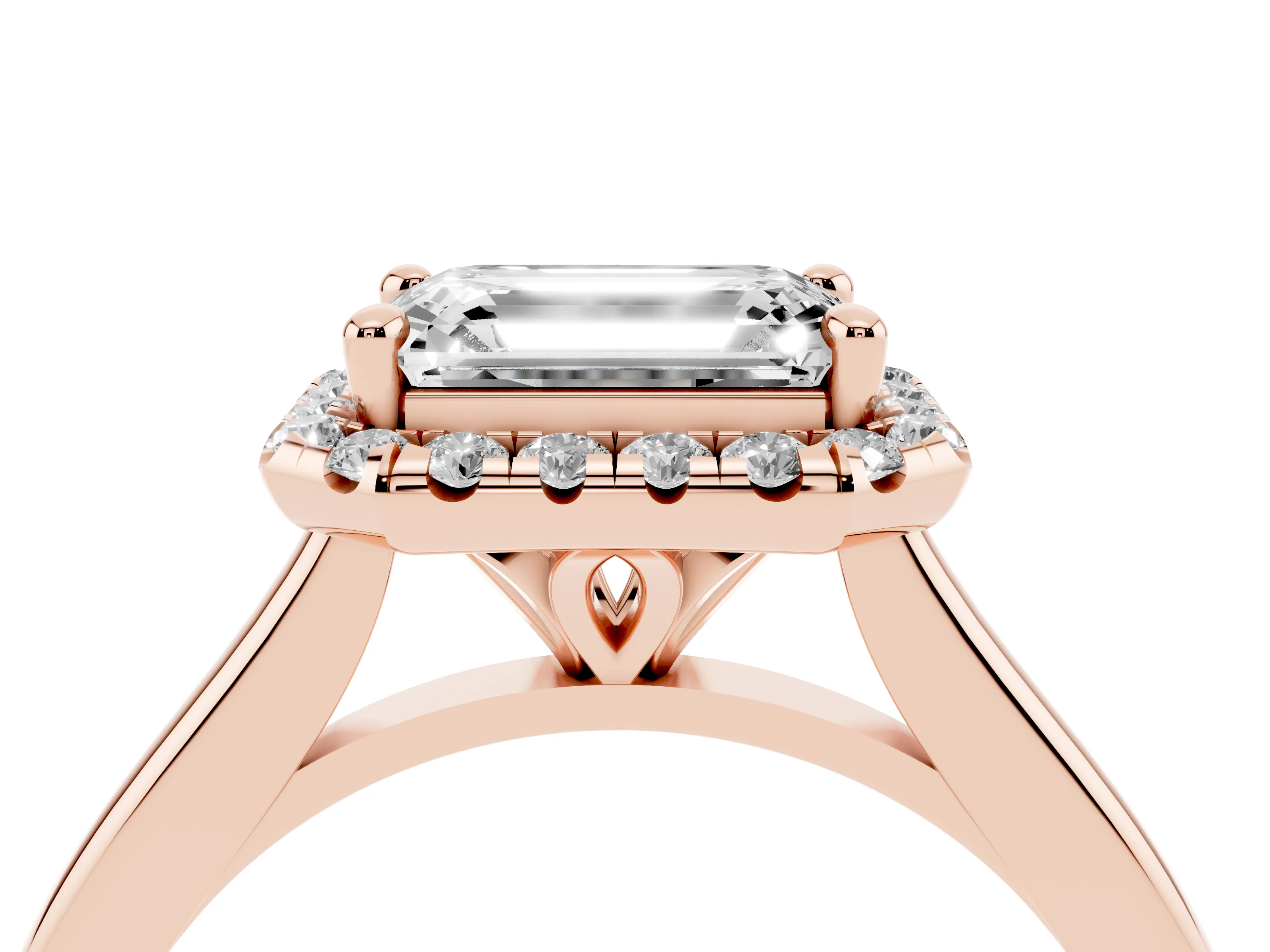 Emerald Cut Diamond Halo Engagement Ring Set in Rose gold with Pavé Band and Rising Shoulders