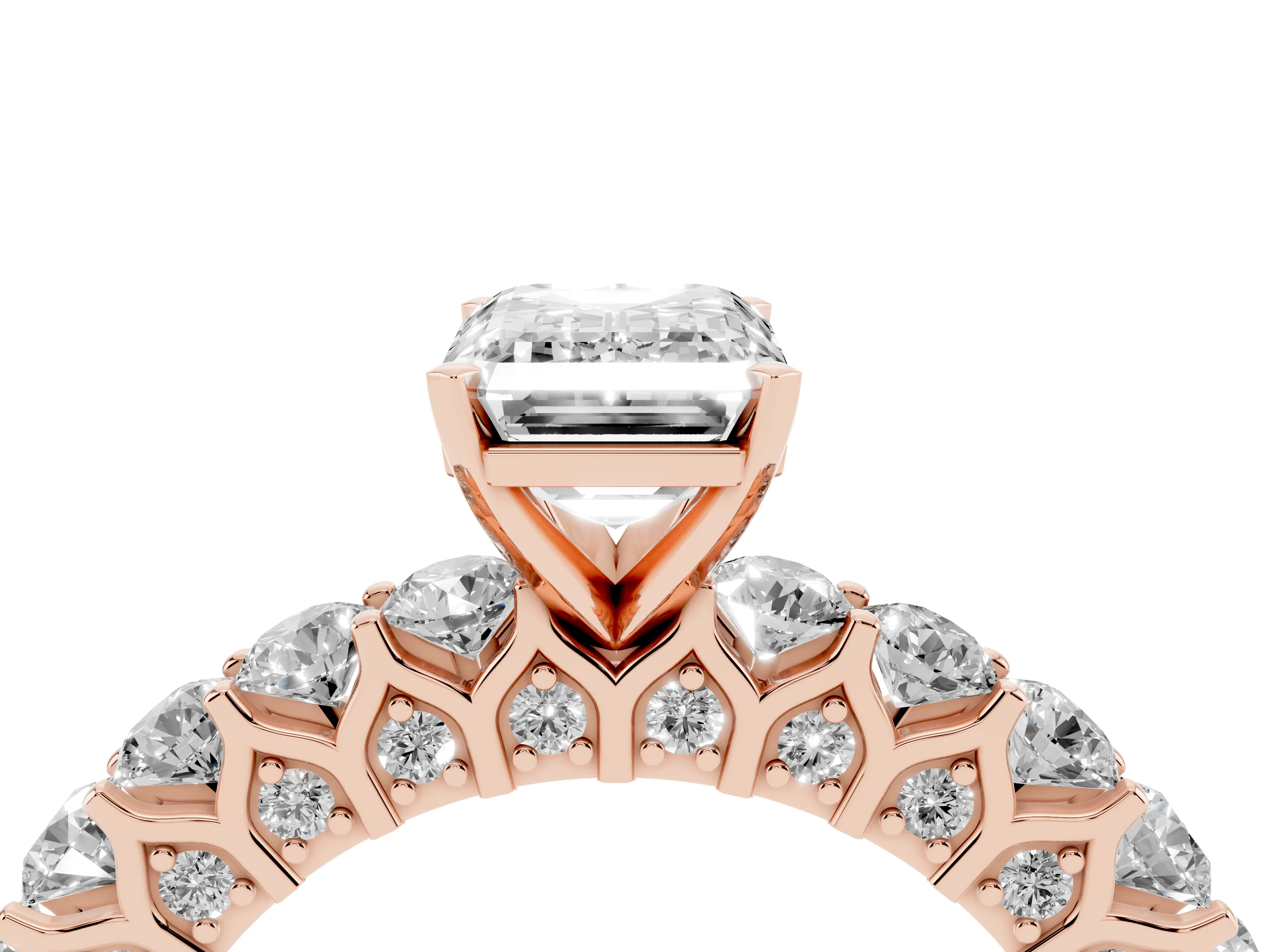 Emerald Cut Diamond Solitaire Ring Set in Rose gold with Shared Prong Pavé Band