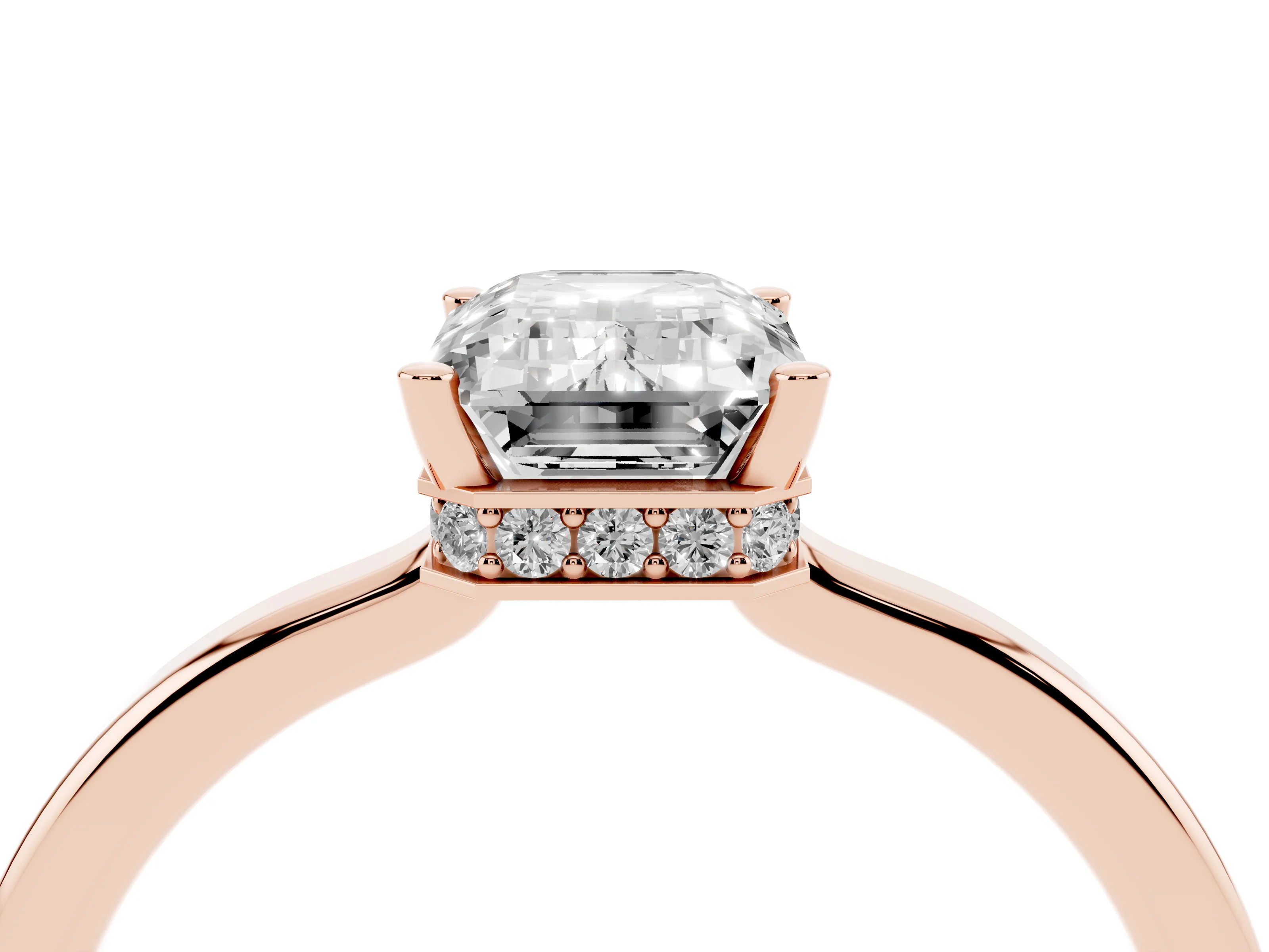 Emerald Cut Diamond Solitaire Engagement Ring Set in Rose gold with Prong Setting on a Plain Band