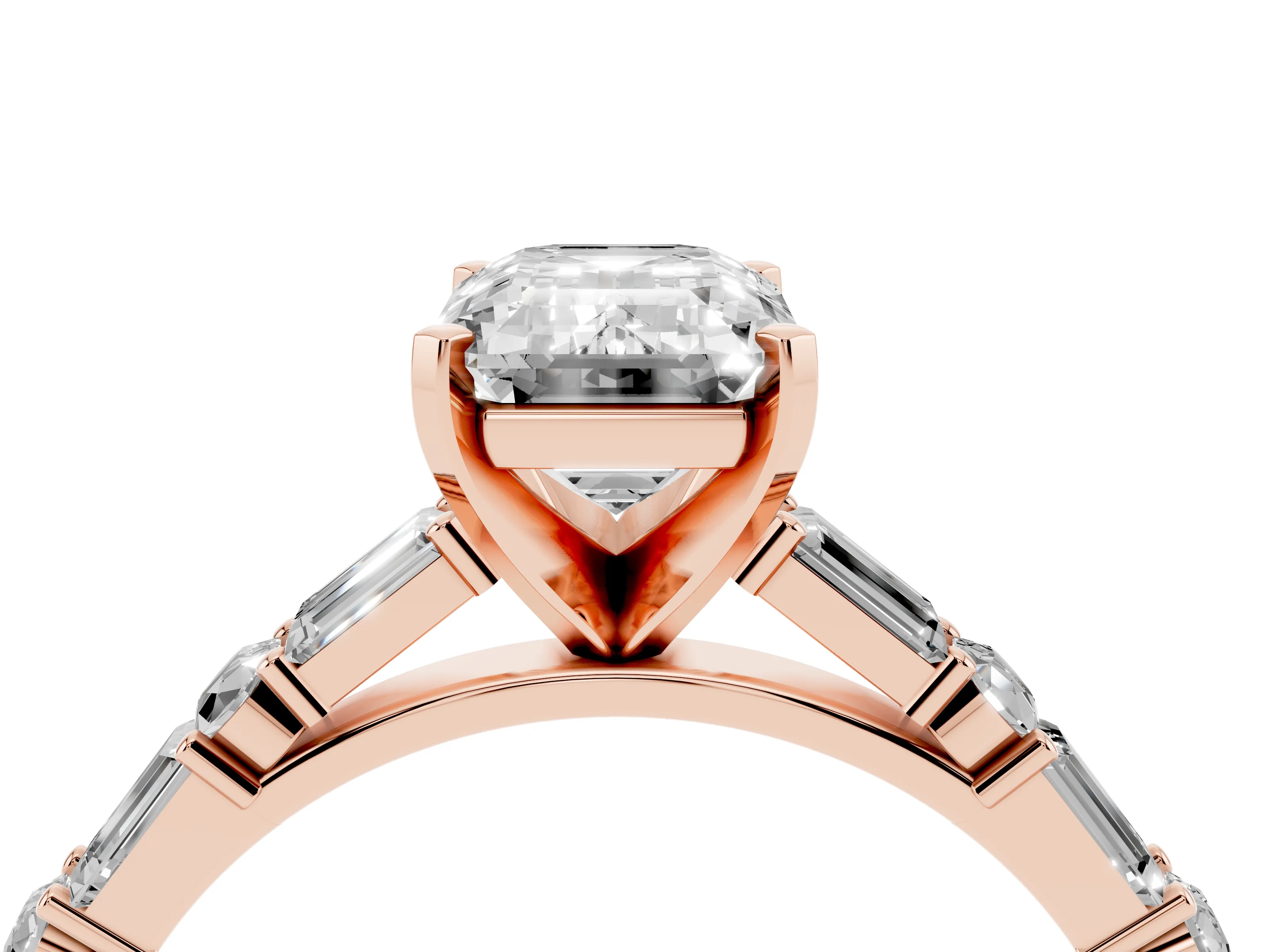 Emerald Cut Diamond Solitaire Set in Rose gold with Side Baguettes and Channel Set Band