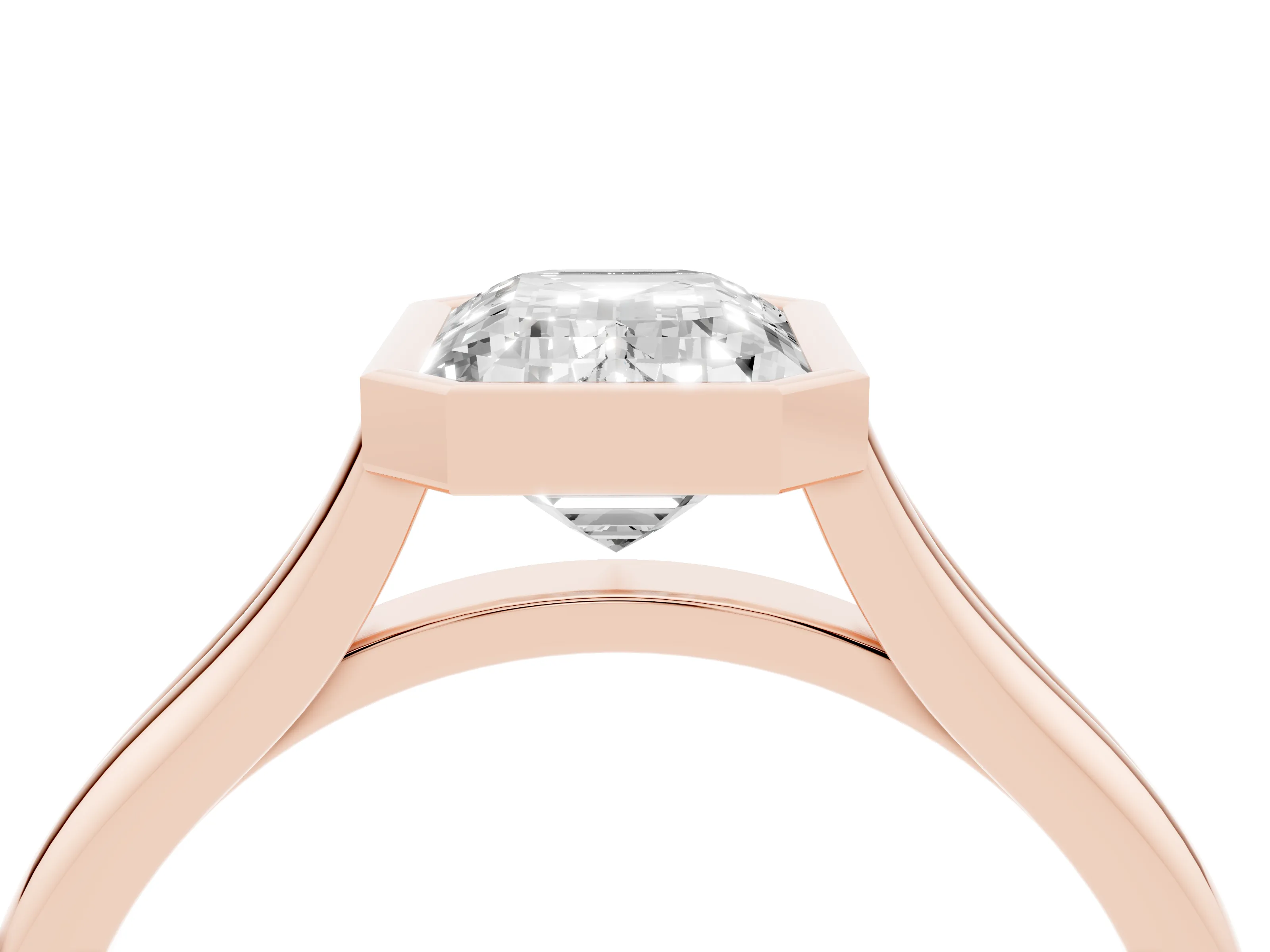 Bezel Set Emerald Cut Diamond Solitaire Ring Set in Rose gold with Tapered Band