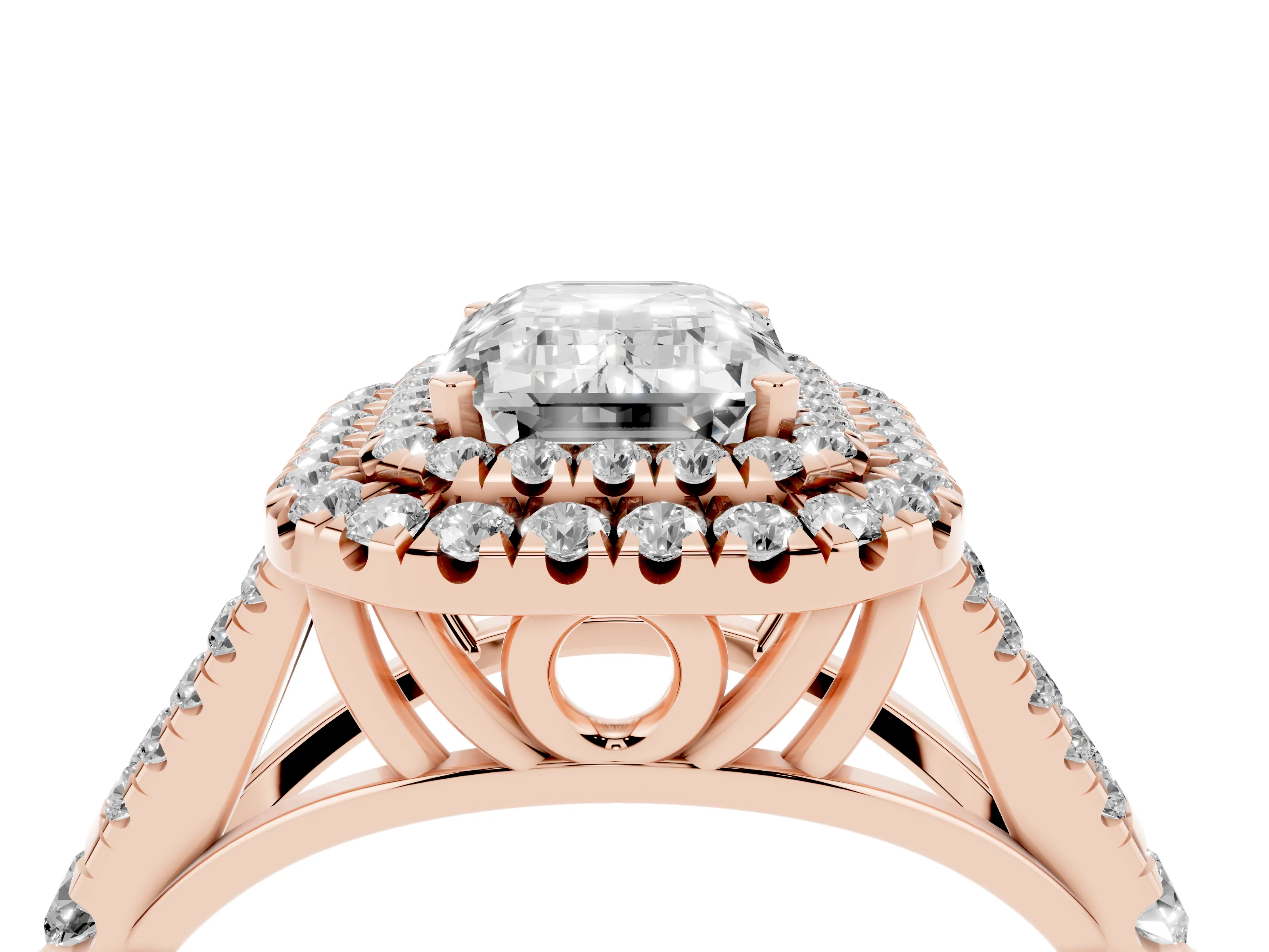 Emerald Cut Diamond Pavé Split Shank Double Halo Engagement Ring Set in Rose gold