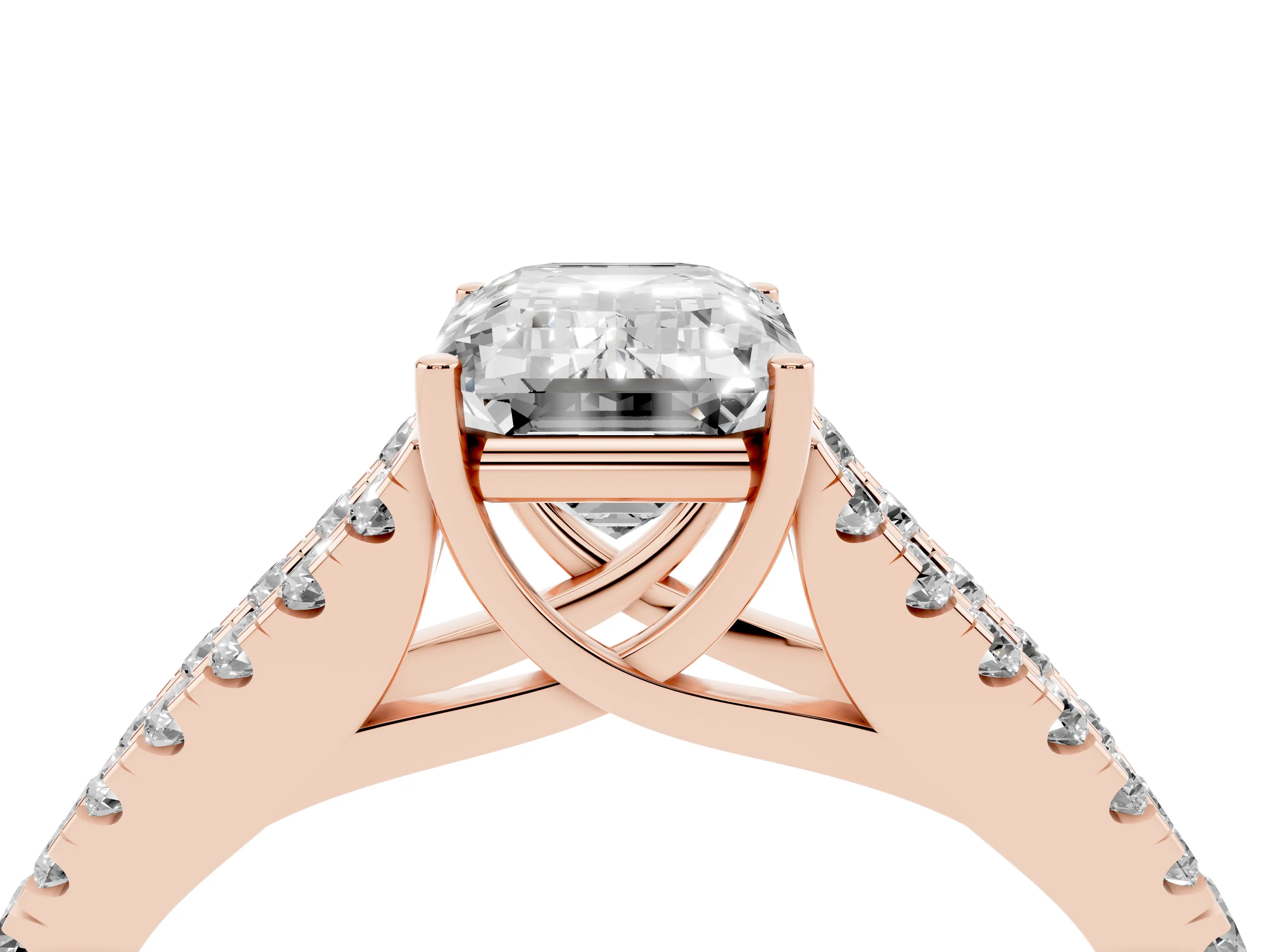 Emerald Cut Diamond Split Shank Pavé Engagement Ring Set in Rose gold with Prong-Held Center Stone