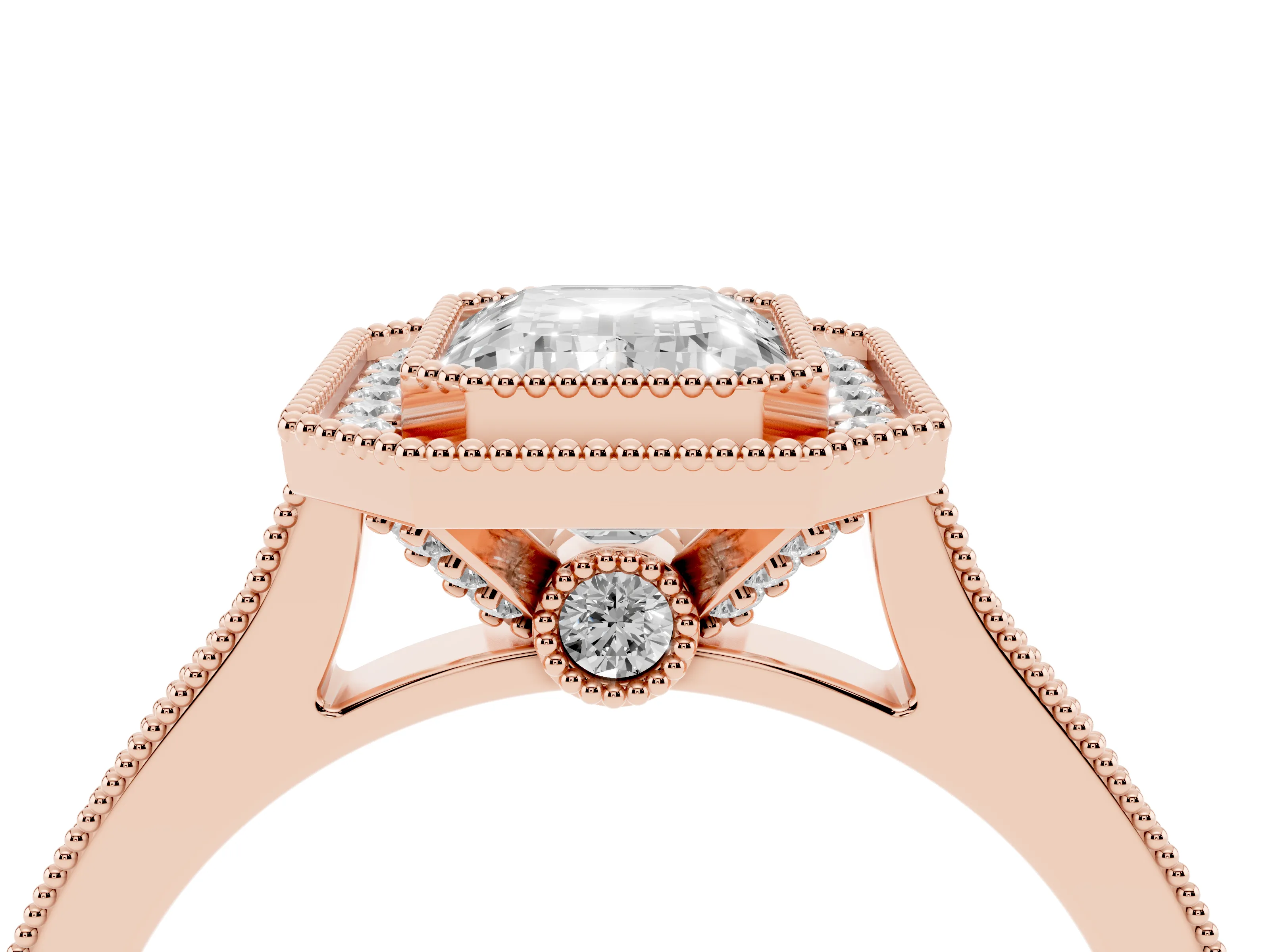 Emerald Cut Diamond Halo Milgrain Pavé Band Ring Set in Rose gold with Prong Setting
