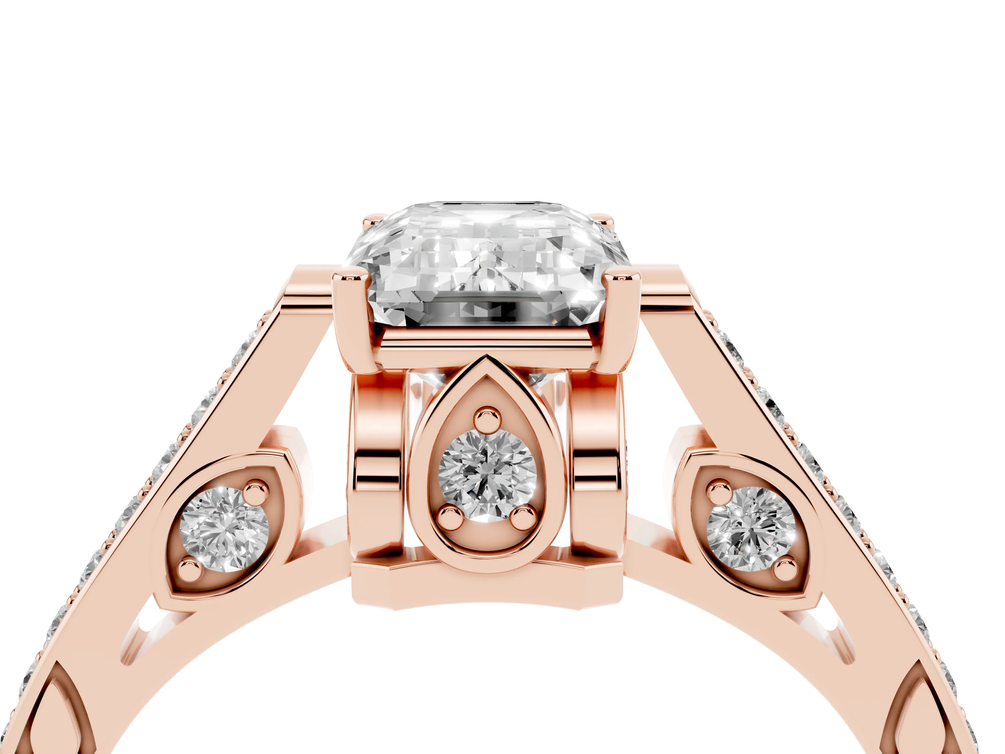 Emerald Cut Diamond Cathedral Pavé Engagement Ring Set in Rose gold with Prong Setting