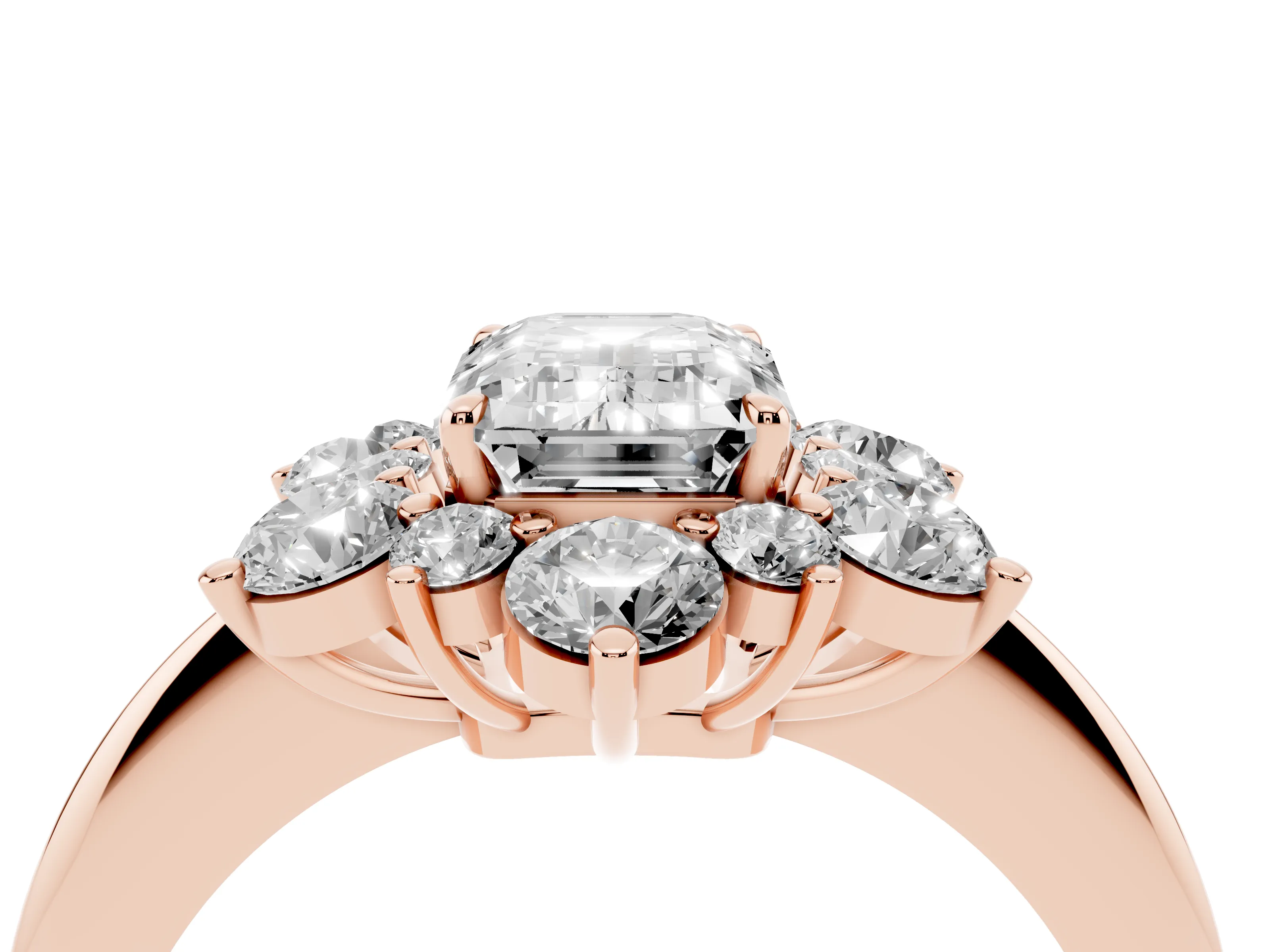 Emerald Cut Diamond Cluster Halo Ring Set in Rose gold with Solitaire Band and Prong Setting