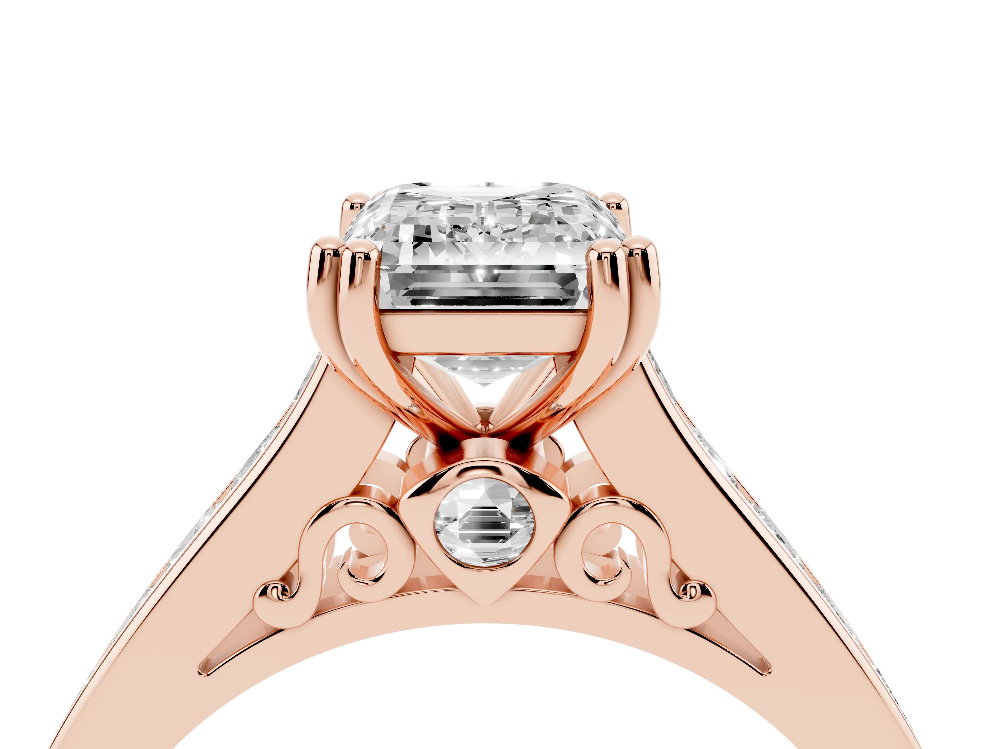 Emerald Cut Diamond Channel Set Solitaire Engagement Ring Set in Rose gold with Prong Setting