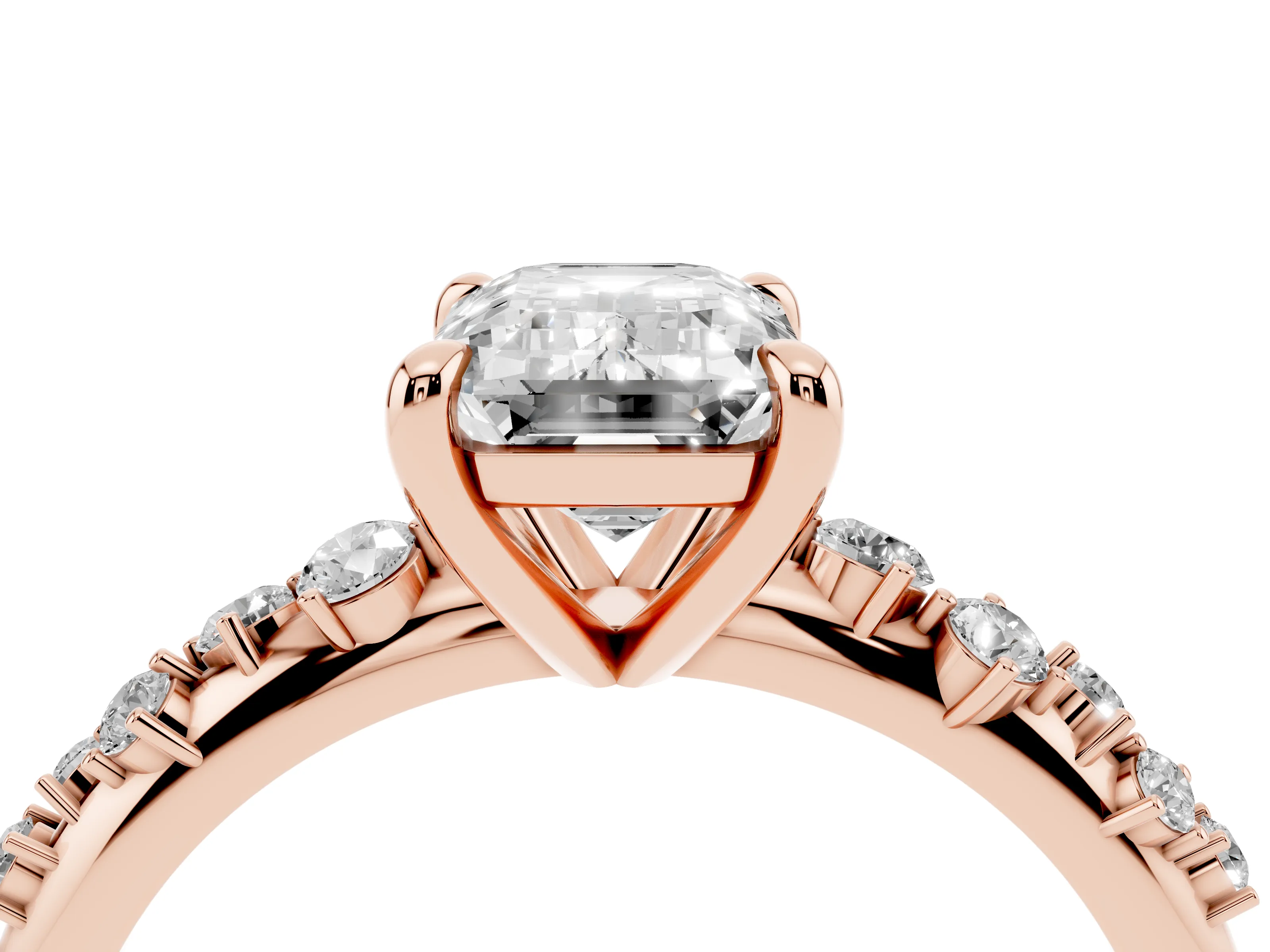Emerald Cut Diamond Solitaire Vine Band Ring Set in Rose gold with Round Accents and Prong Setting