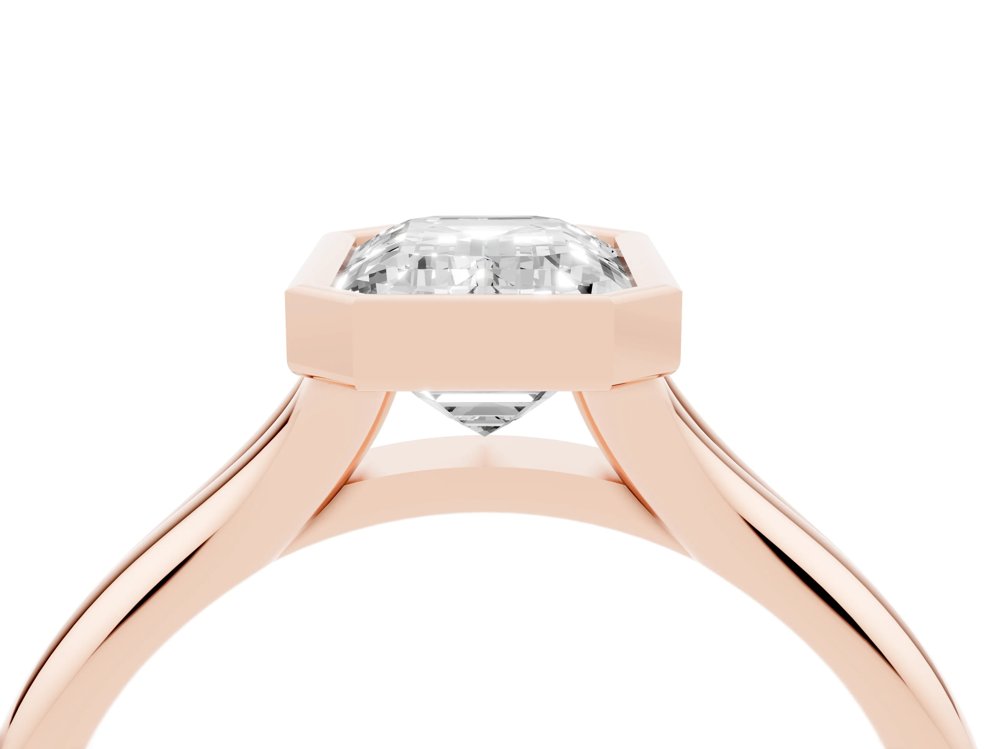 Bezel Set Emerald Cut Diamond Solitaire Ring Set in Rose gold with Smooth Band