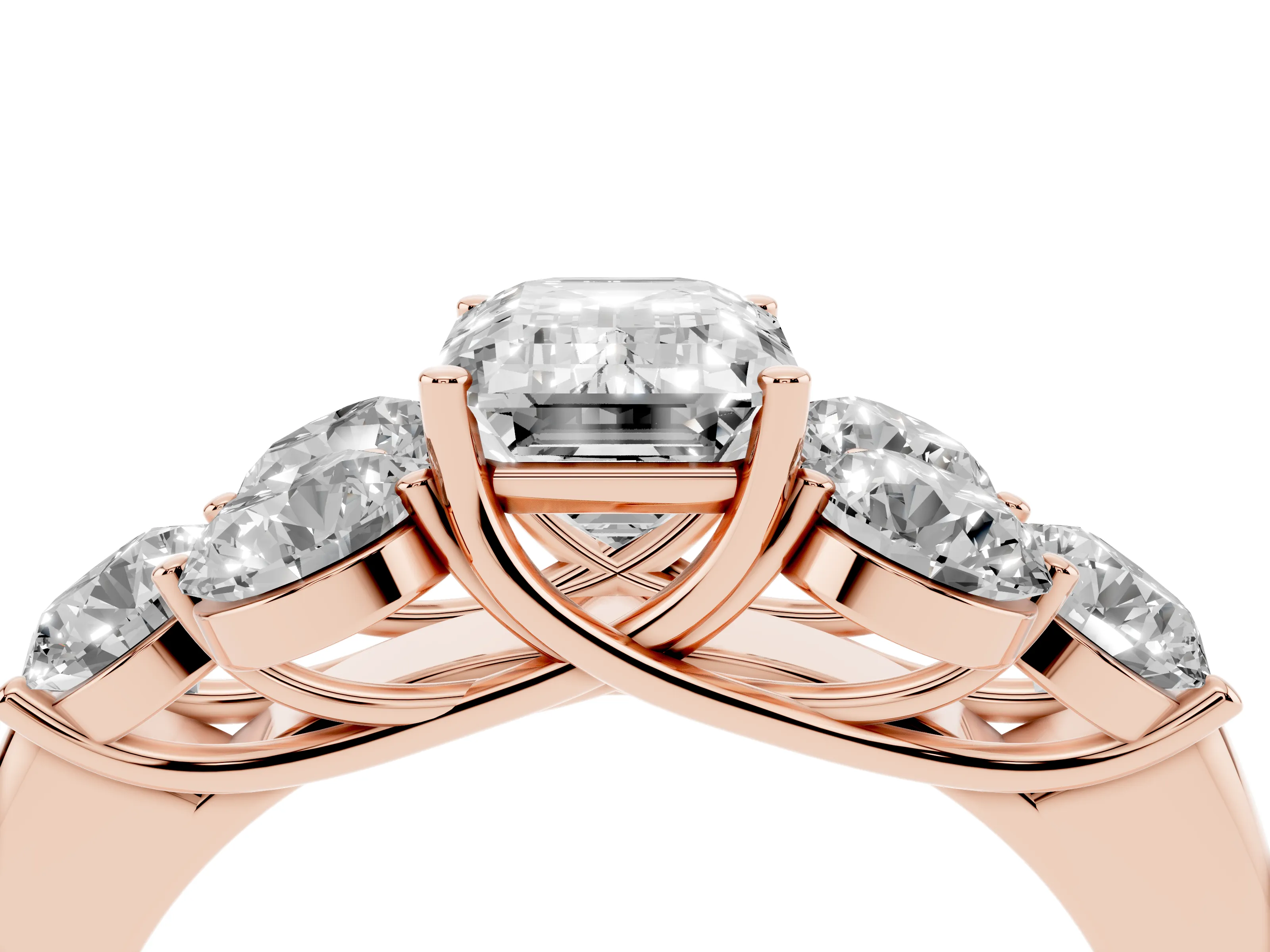 Emerald Cut Diamond Cluster Ring Set in Rose gold with Round Accent Stones and Prong Setting on a Plain Band