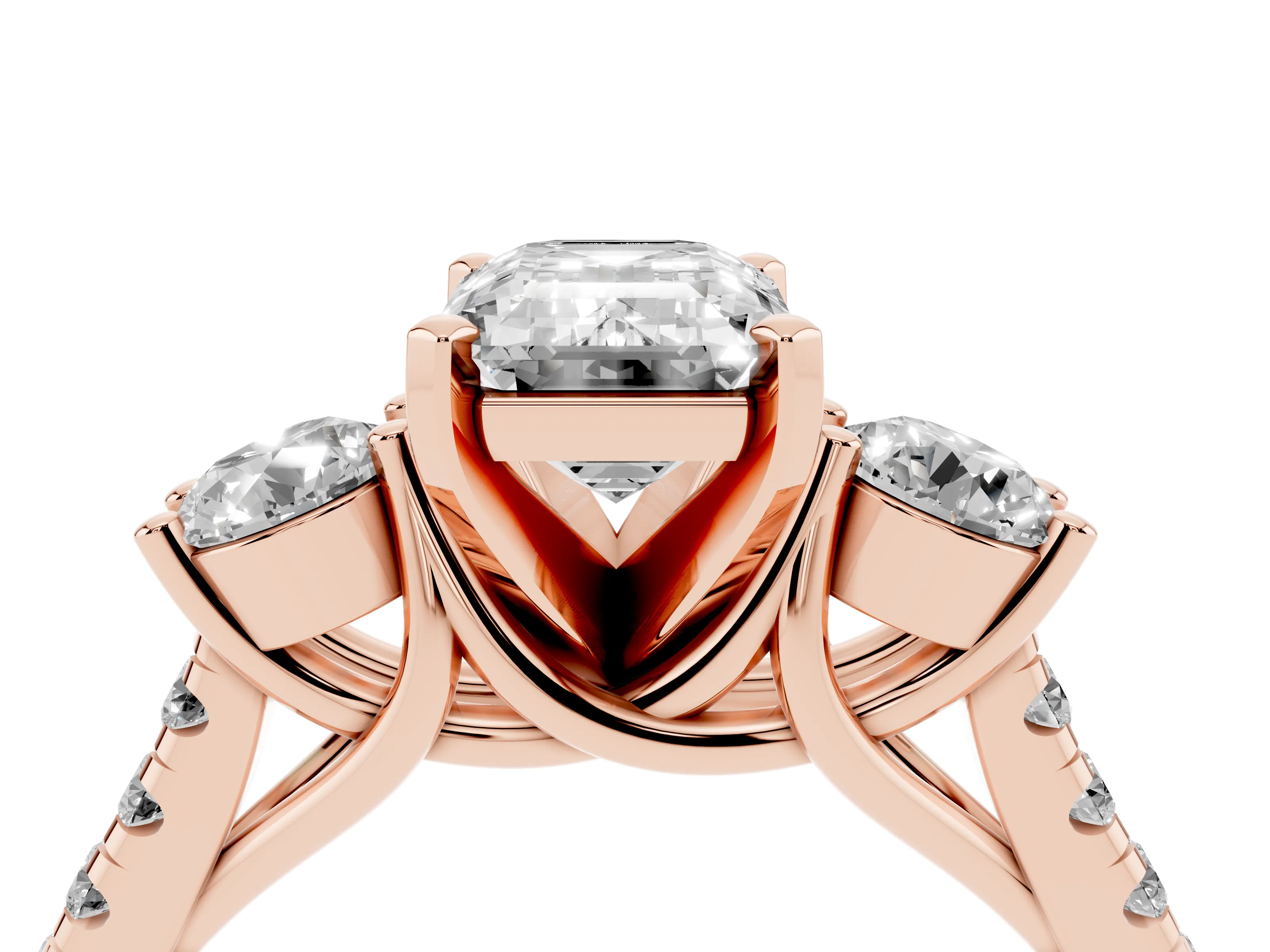 Three-Stone Emerald Cut Diamond Pavé Band Ring Set in Rose gold with Prong-Set Trio