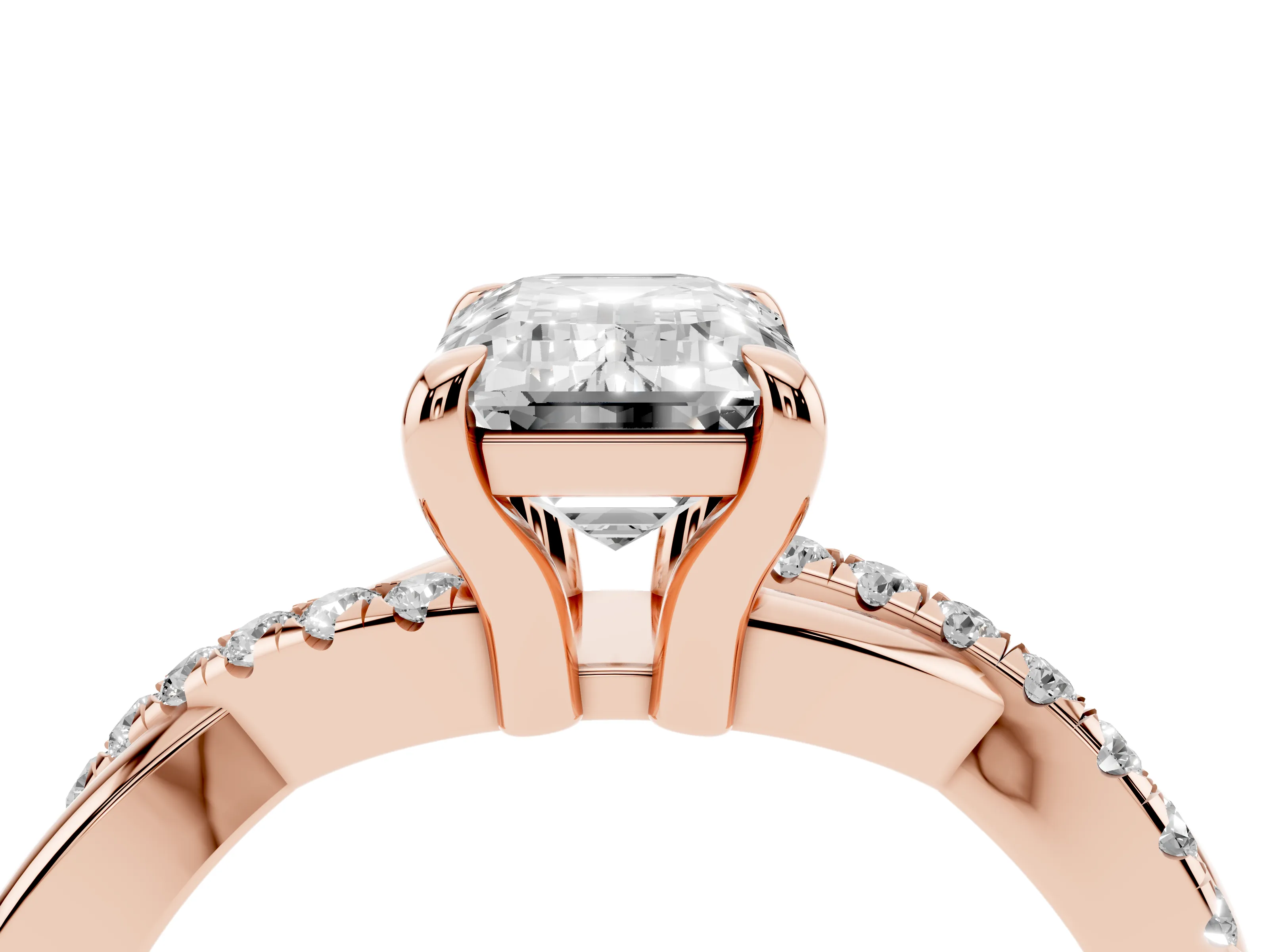 Emerald Cut Diamond Twist Band Pavé Solitaire Ring Set in Rose gold with Prong Setting