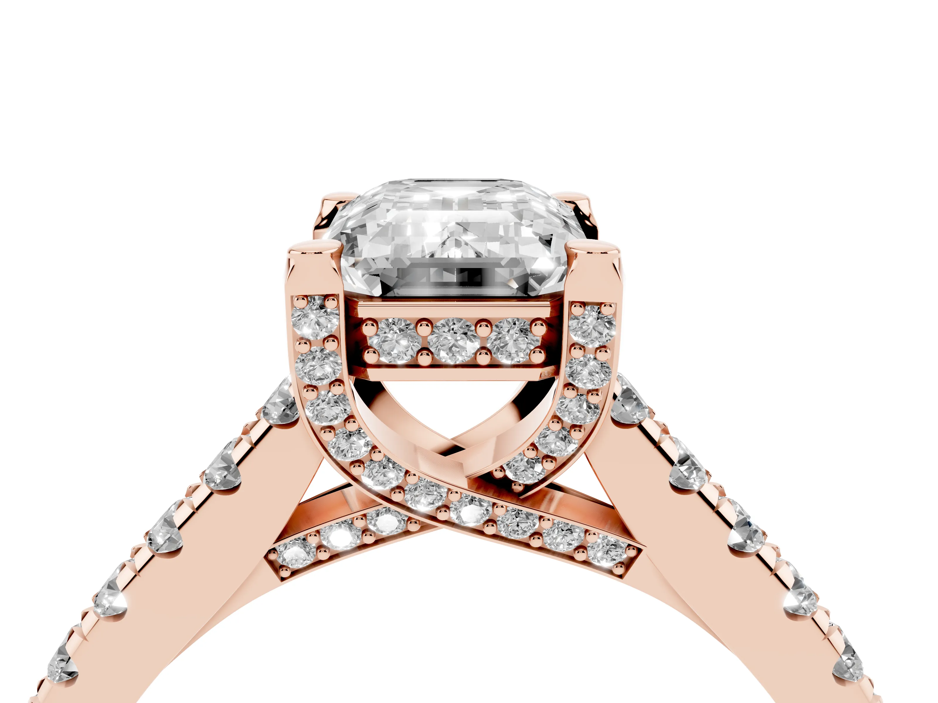Emerald Cut Diamond Solitaire Ring Set in Rose gold with Brilliant Pavé Band and Prong Setting