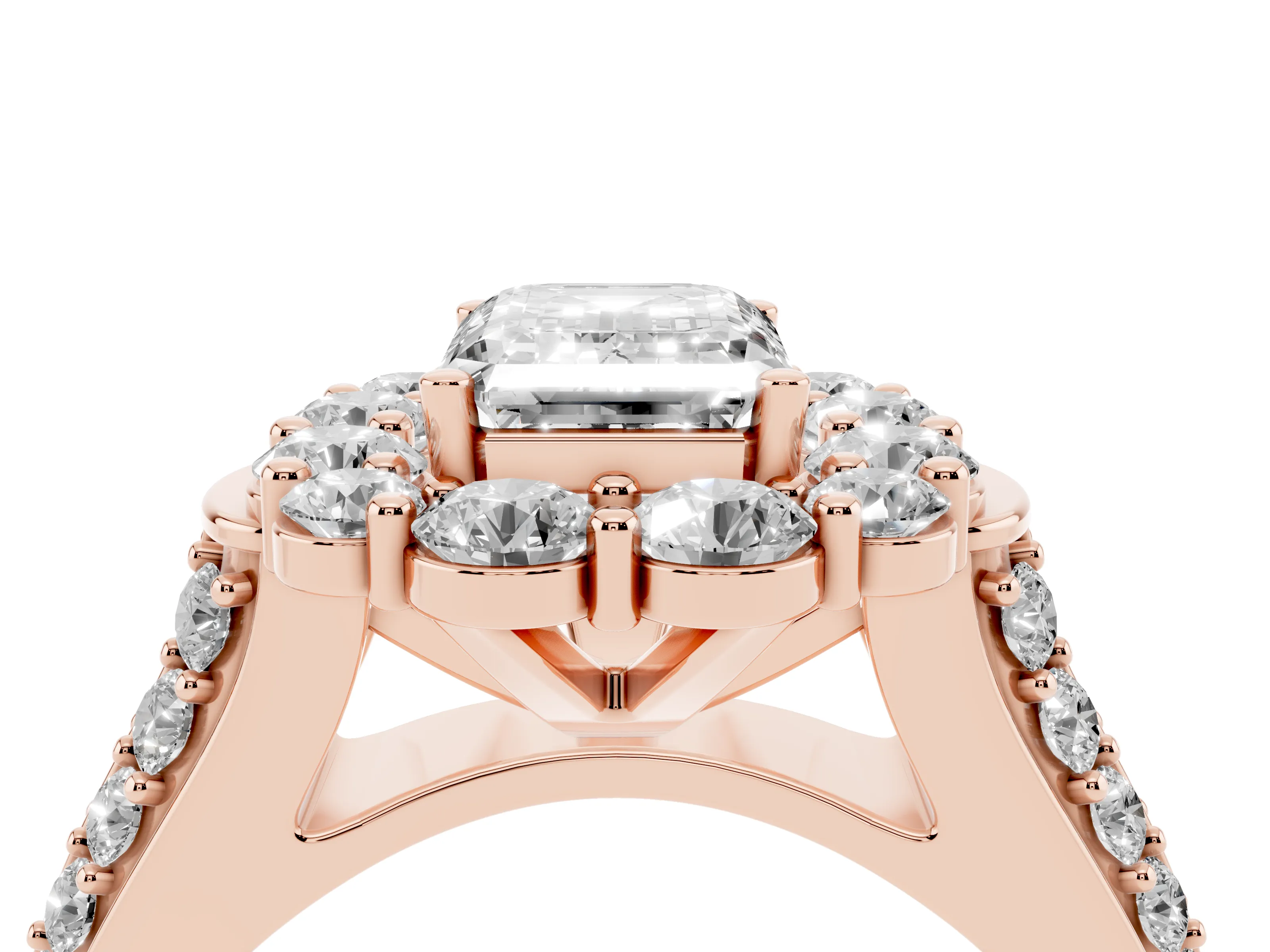 Emerald Cut Diamond Halo Engagement Ring Set in Rose gold with Split Shank and Prong Setting