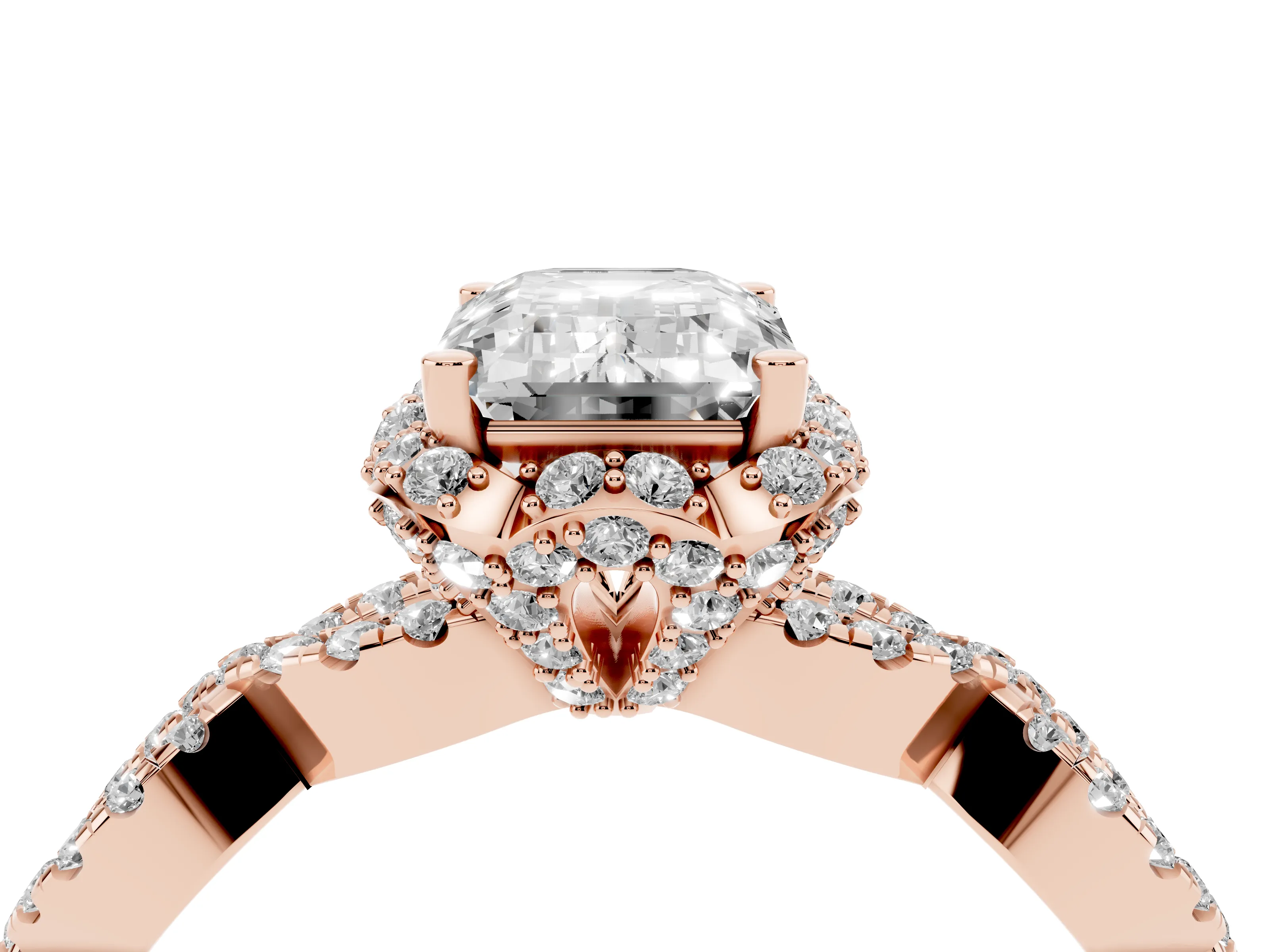 Emerald Cut Diamond Halo Twist Band Solitaire Ring Set in Rose gold with Prong-Set Center Stone