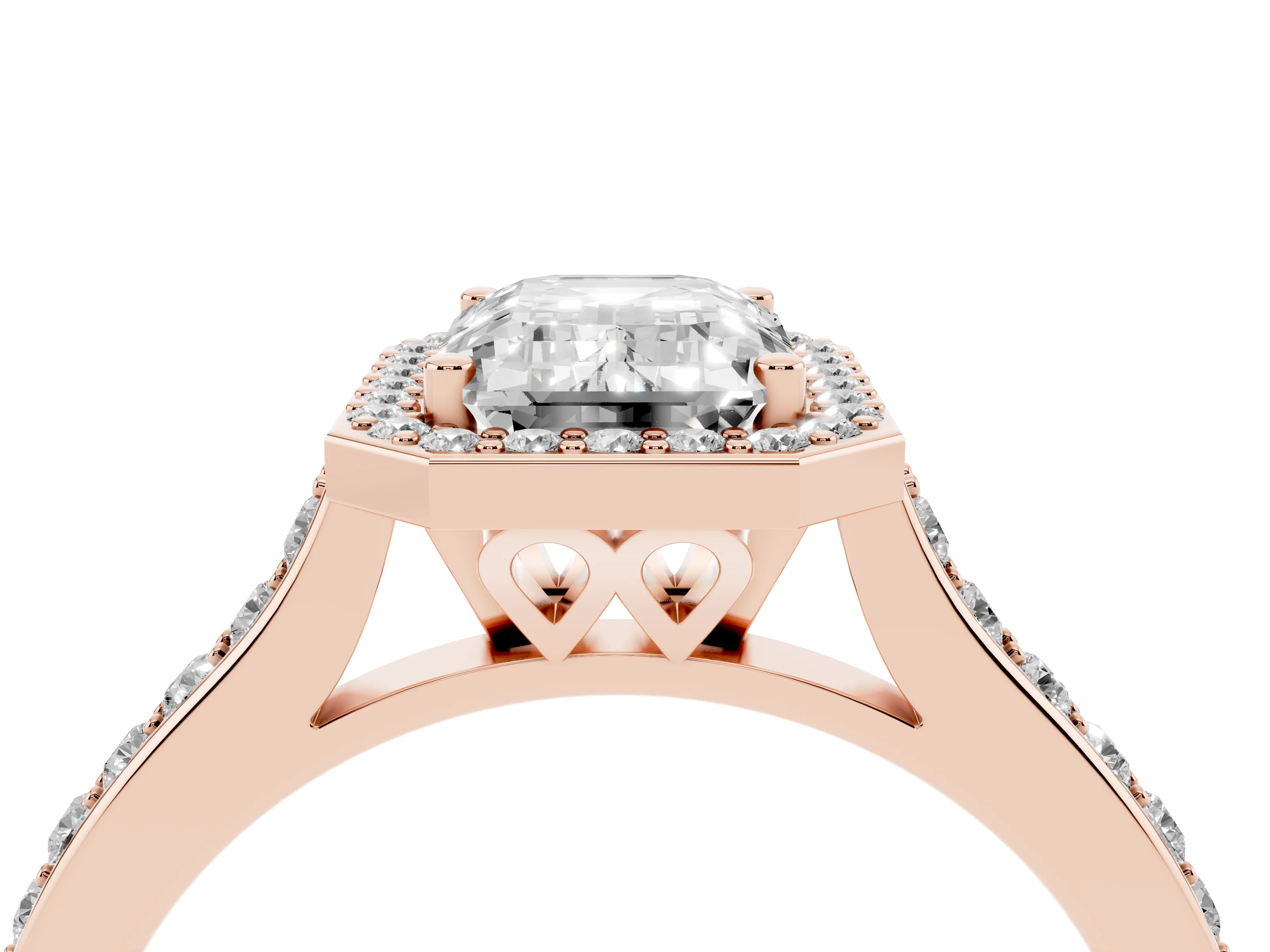 Emerald Cut Diamond Halo Engagement Ring Set in Rose gold with Round Pavé Shoulders and Heart Gallery