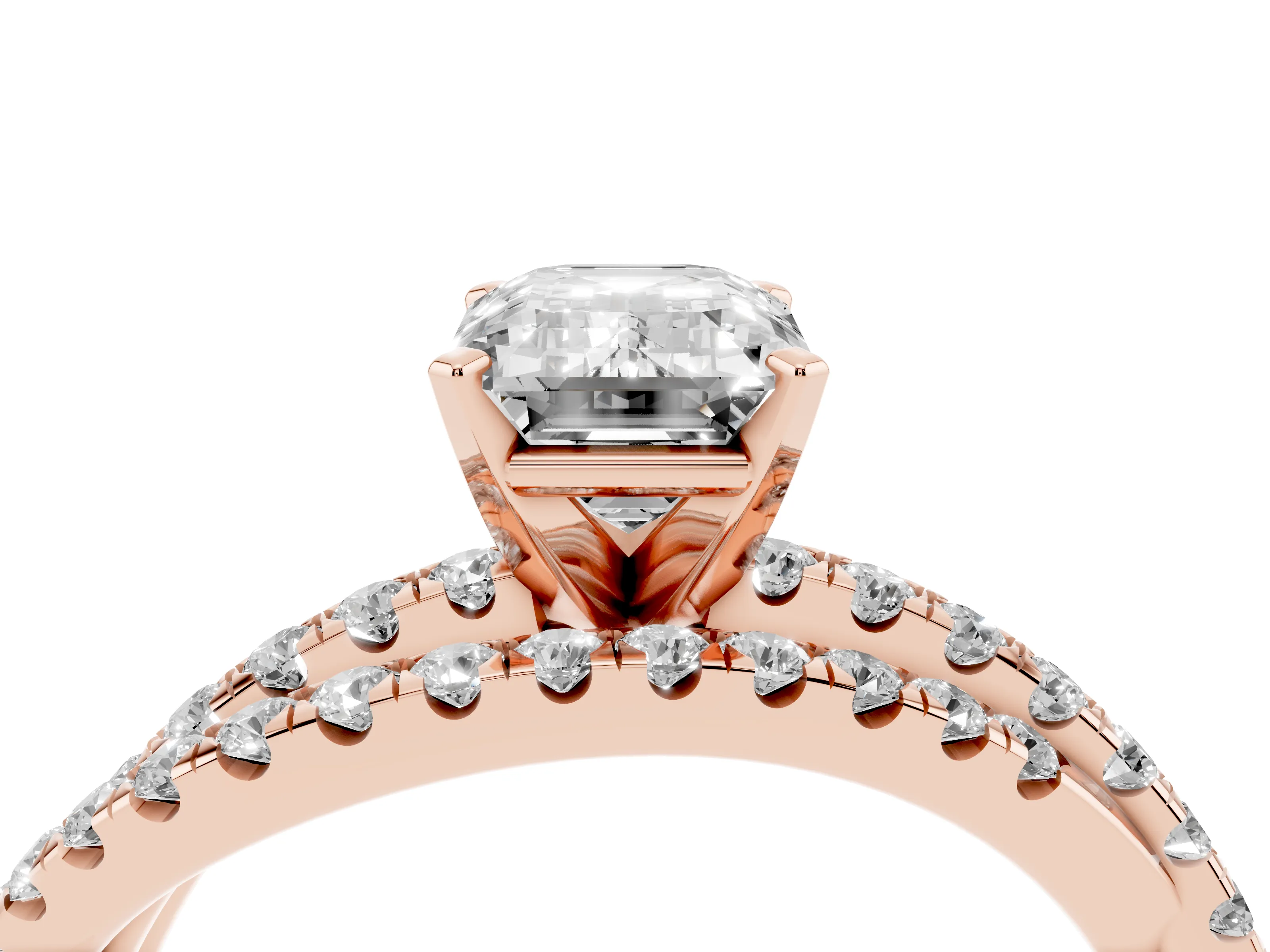 Emerald Cut Diamond Solitaire Twist Band Ring Set in Rose gold with Pavé Setting and Prong Head