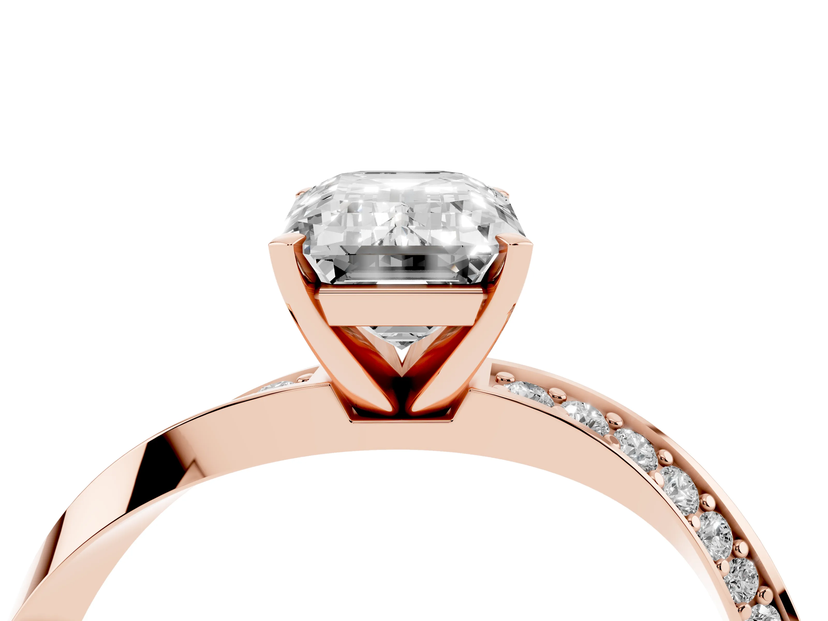 Emerald Cut Diamond Engagement Ring Set in Rose gold with Side Stone Accents and Prong Setting