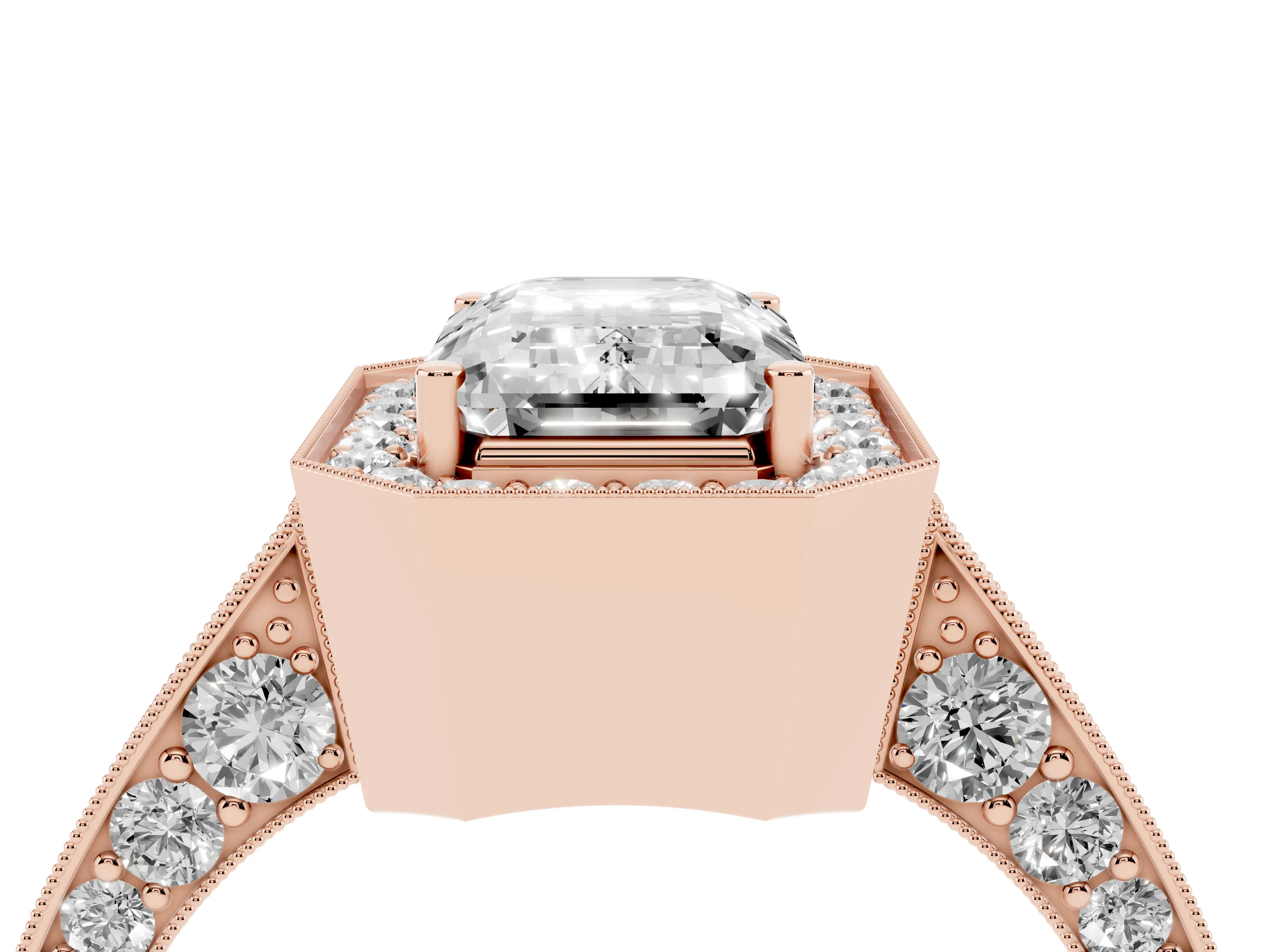 Emerald Cut Diamond Halo Engagement Ring Set in Rose gold with Accent Split Shank Band