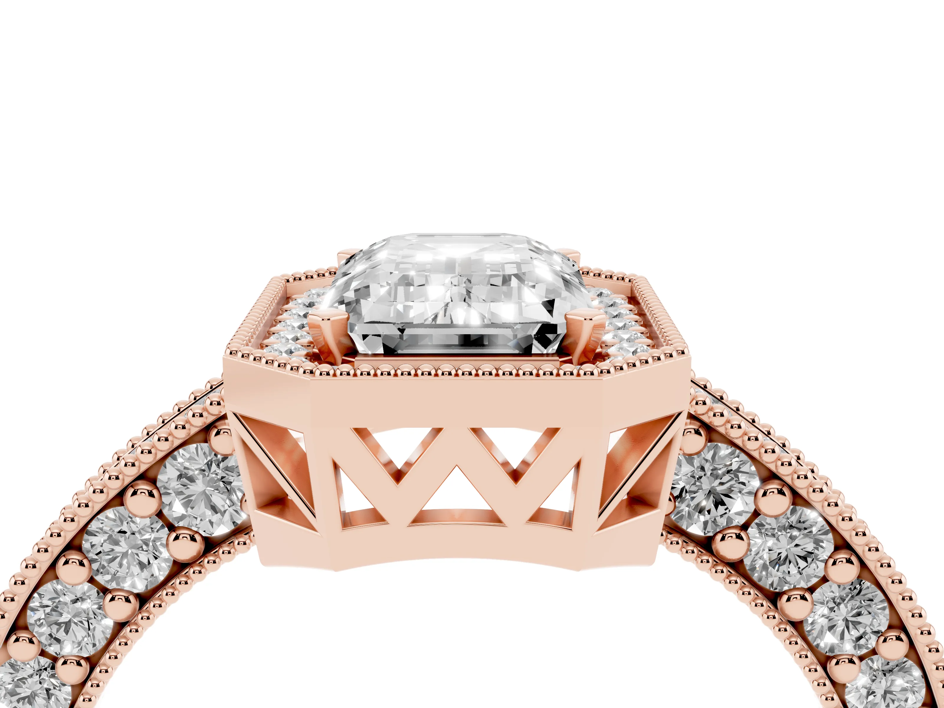 Emerald Cut Diamond Halo Pavé Band Ring Set in Rose gold with Prong-Set Center