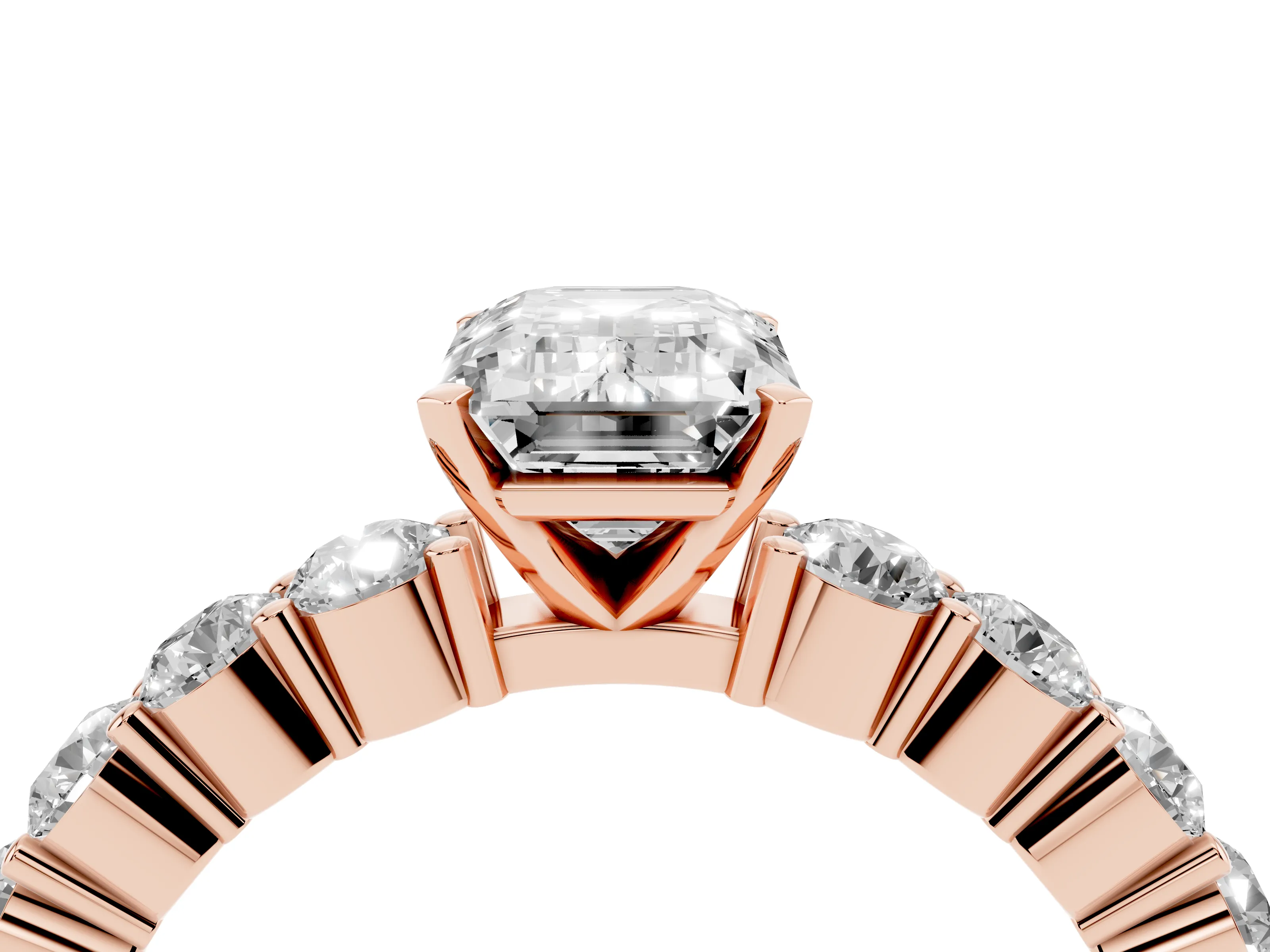 Emerald Cut Diamond Solitaire Ring Set in Rose gold with Shared Prong Round Side Stones