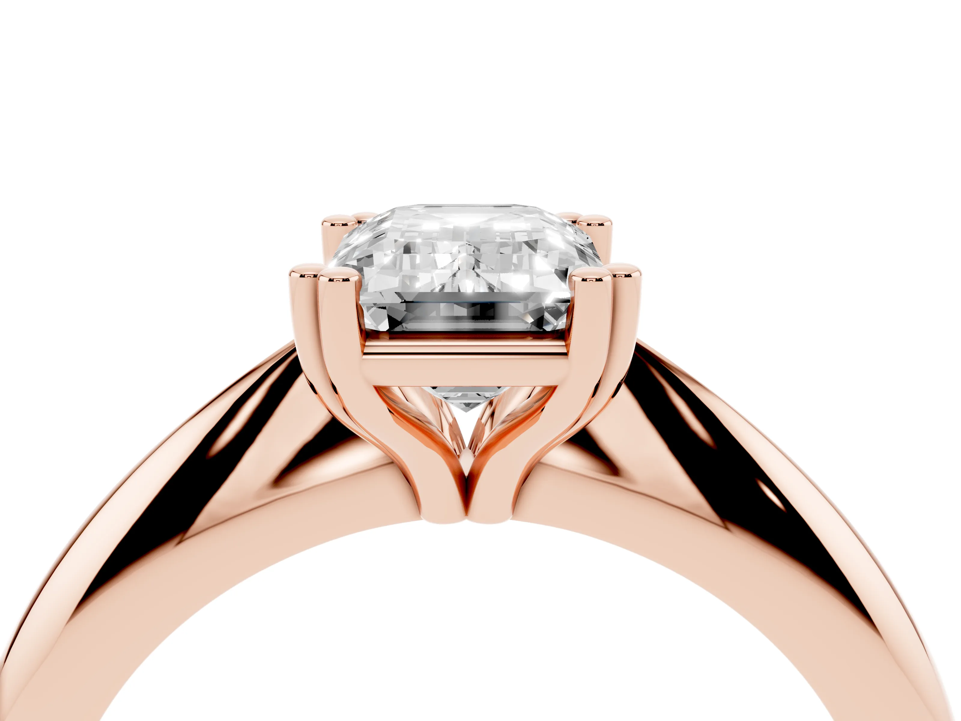 Emerald Cut Diamond Solitaire Engagement Ring Set in Rose gold with Tapered Band and Prong Setting