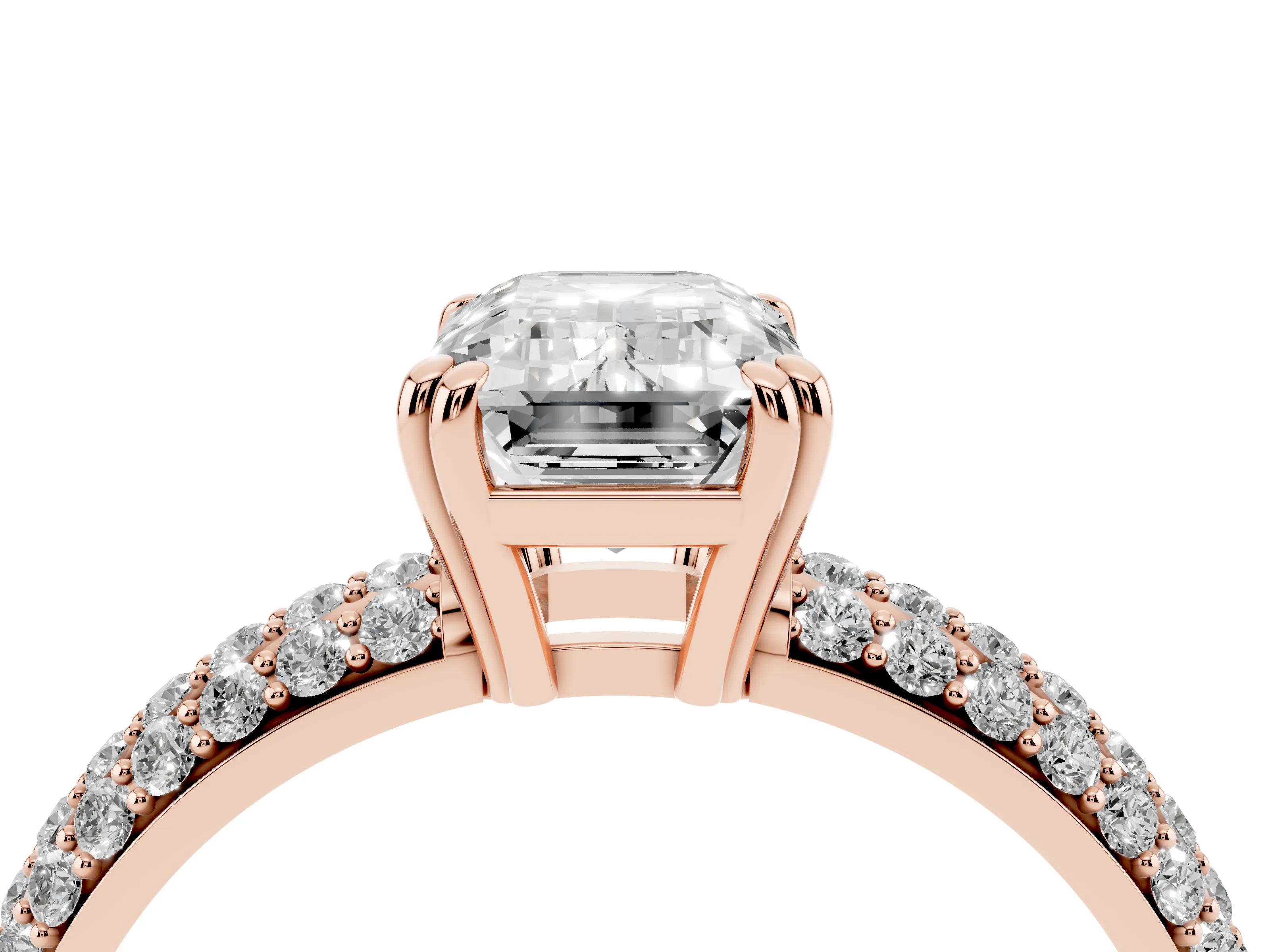 Emerald Cut Diamond Solitaire Ring Set in Rose gold with Multi-Row Round Pavé Band and Prong Setting