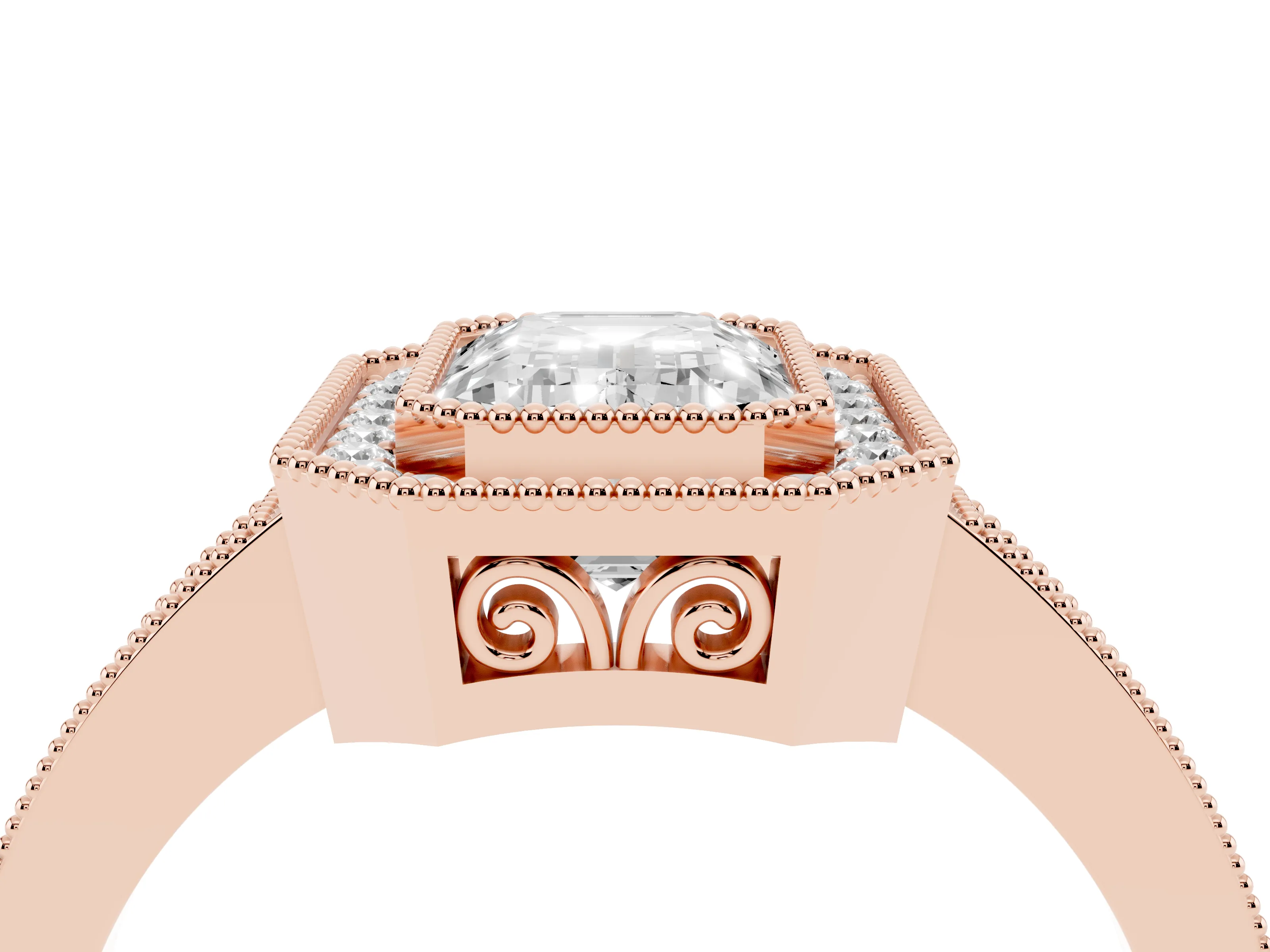 Emerald Cut Diamond Halo Ring Set in Rose gold with Pavé Band and Milgrain-Edged Prongs