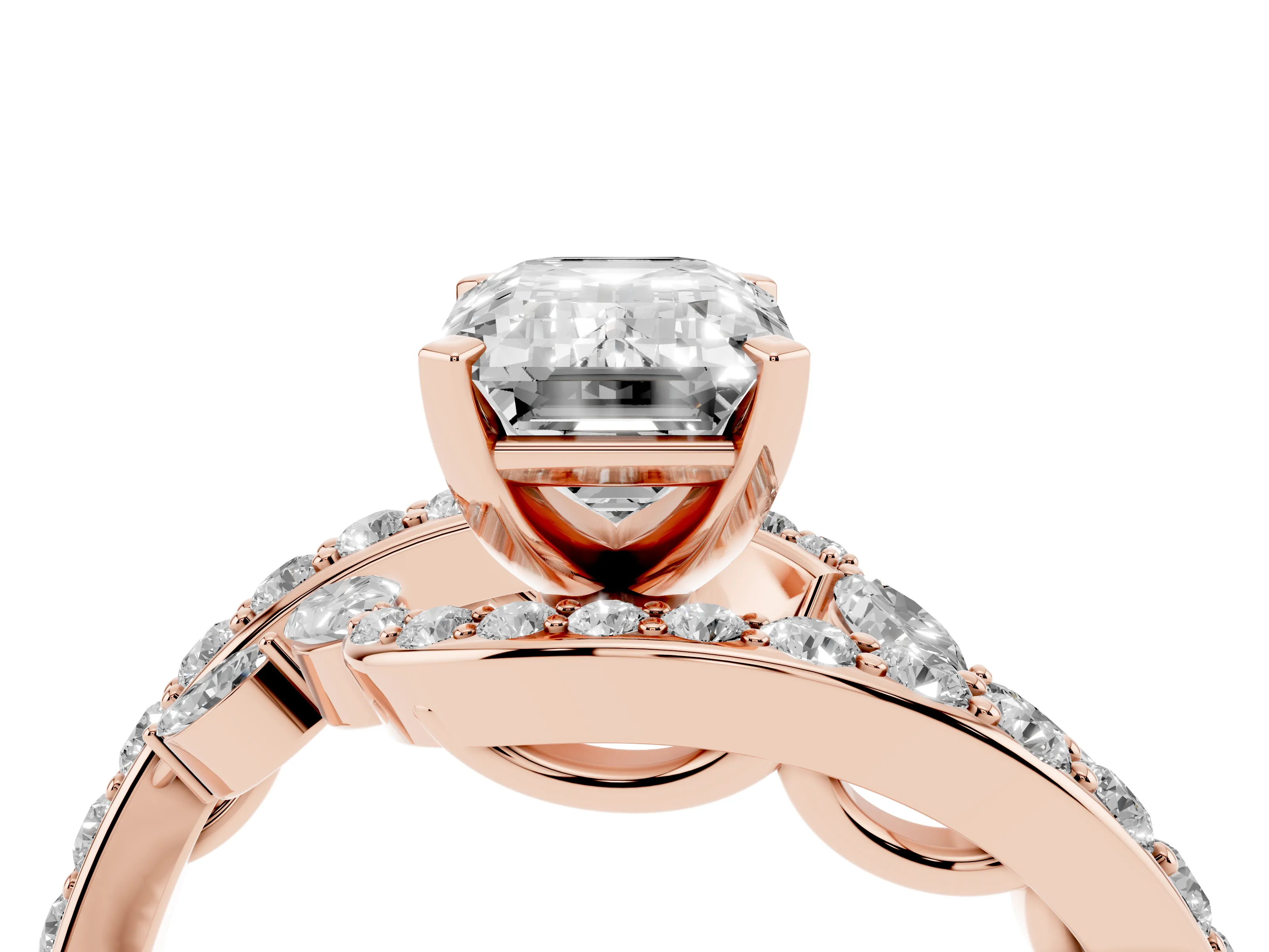 Emerald Cut Diamond Solitaire Ring Set in Rose gold with Pavé Twist Band and Secure Prong Setting